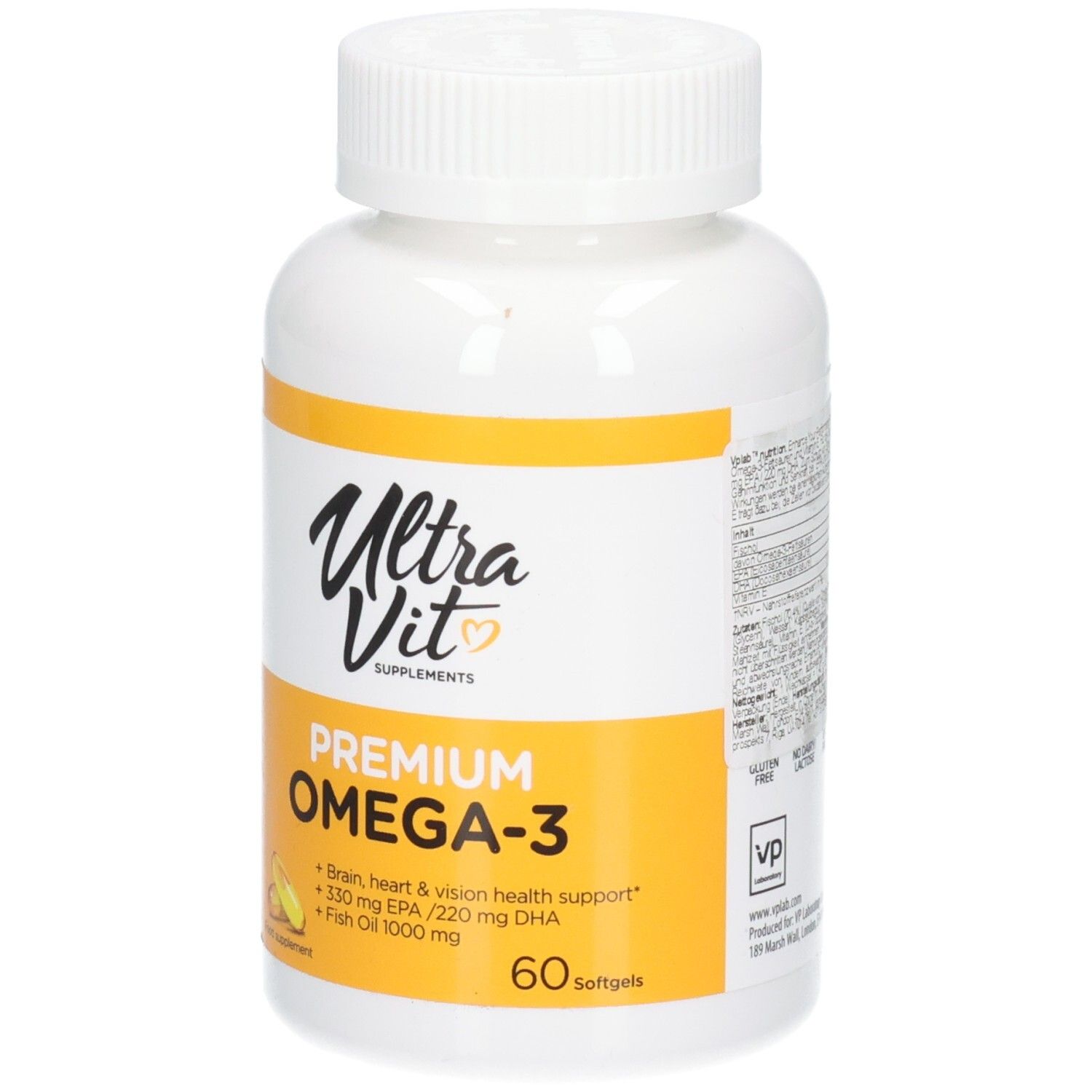 ULTRAVIT Premium Omega-3 Softgel-Flasche, 60 Stück. Zeigt Gehirn-, Herz- und Sehunterstützung.