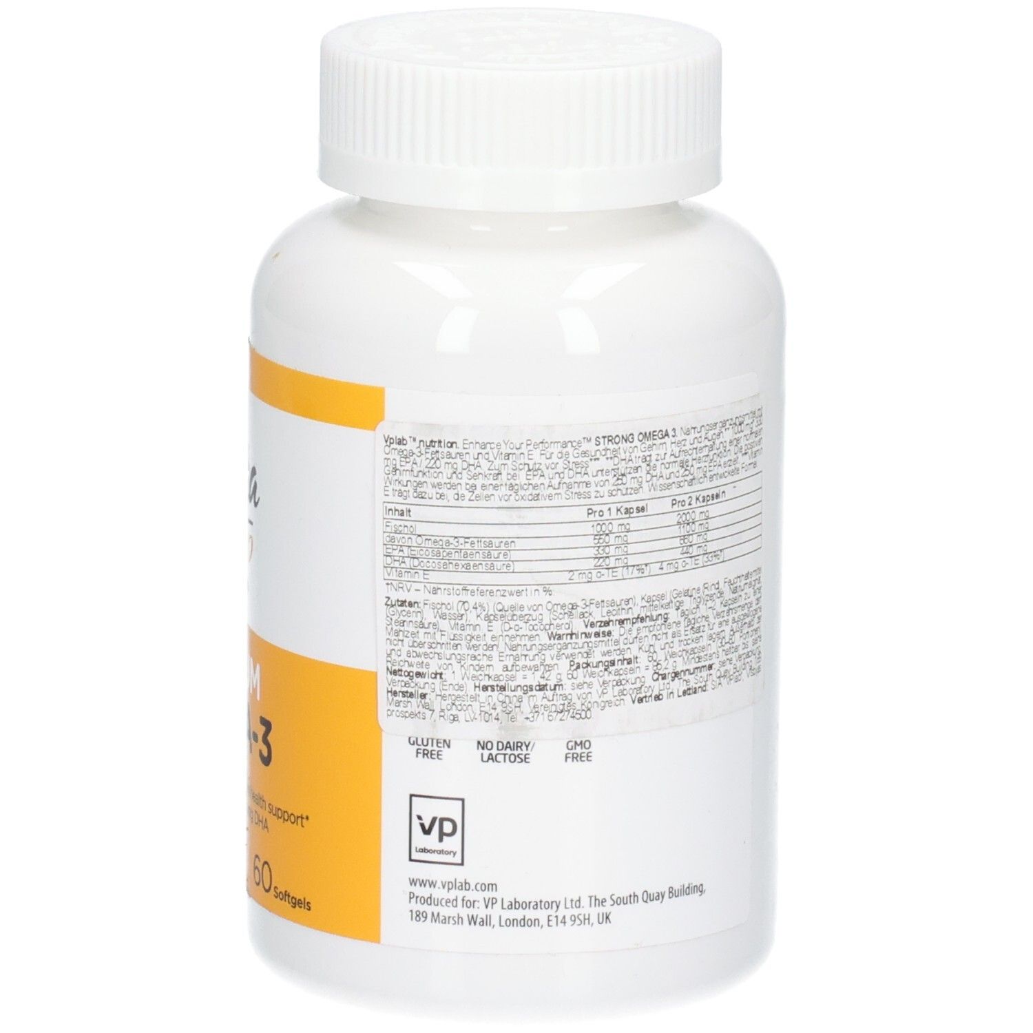 Rückseite der ULTRAVIT Premium Omega-3 Flasche mit Zertifizierungen und Website-Informationen.