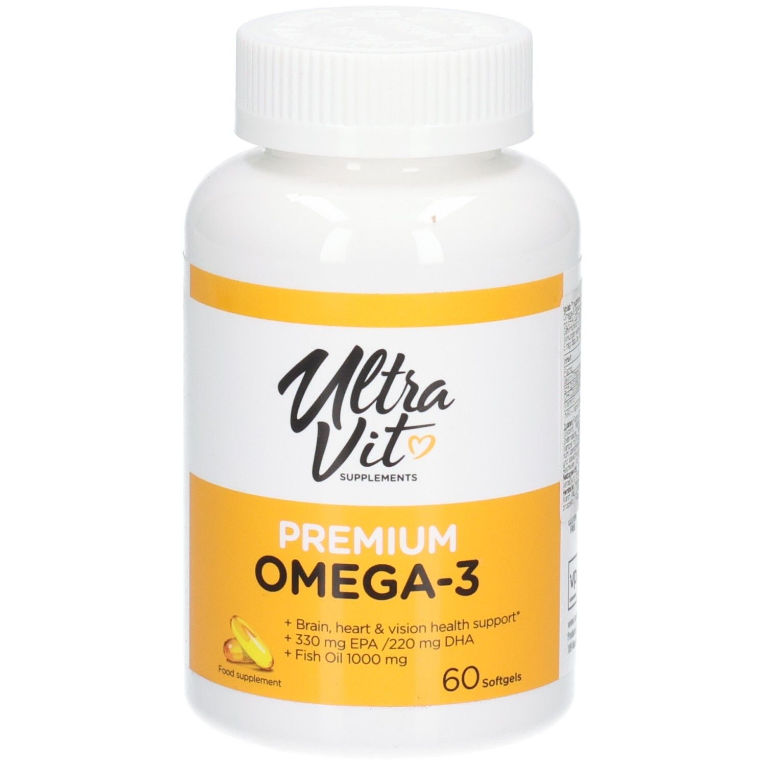 ULTRAVIT Premium Omega-3 Softgel-Flasche, 60 Stück. Enthält 330 mg EPA / 220 mg DHA.