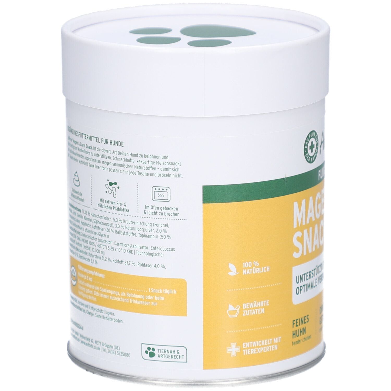 Weiße Dose mit gelbem Etikett. Text: Ergänzungsfuttermittel für Hunde. Rückseite mit Inhaltsstoffen, Nährwerten und Fütterungsempfehlung.