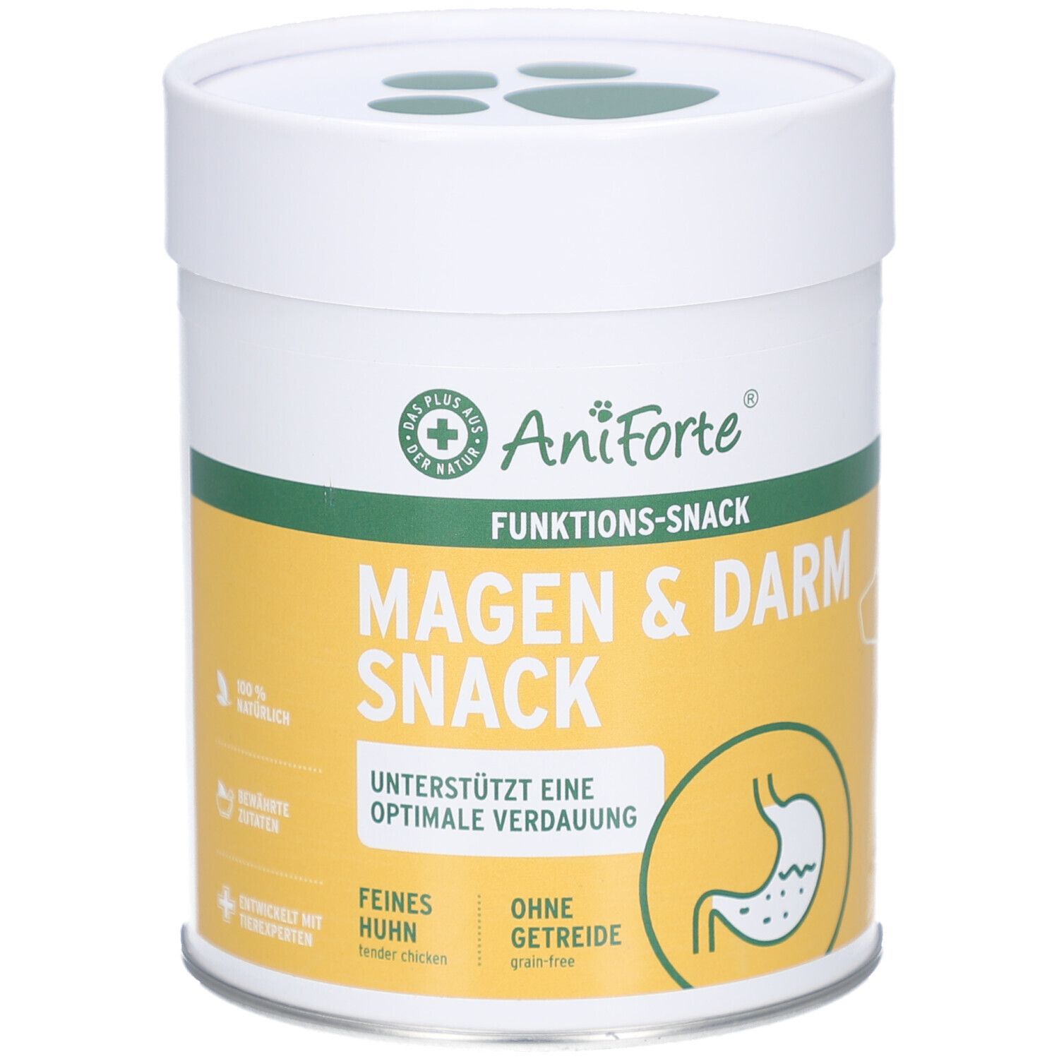 Zylinderförmige Dose mit gelbem Etikett. Aufschrift: AniForte, Magen & Darm Snack, unterstützt optimale Verdauung. Abbildung eines Magens.
