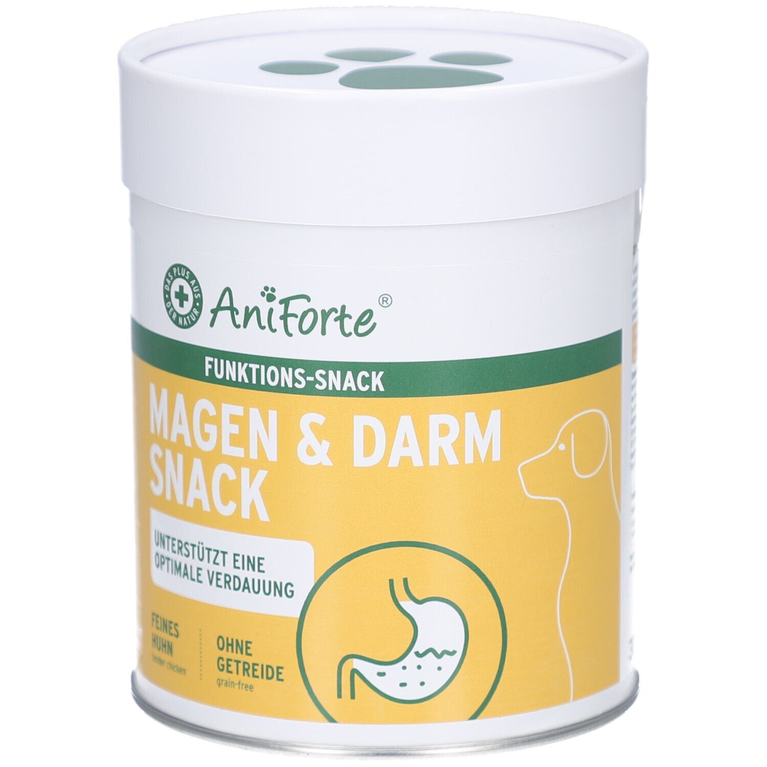 Zylinderförmige Dose mit gelbem Etikett. Aufschrift: AniForte, Magen & Darm Snack, unterstützt optimale Verdauung. Hunde-Silhouette.