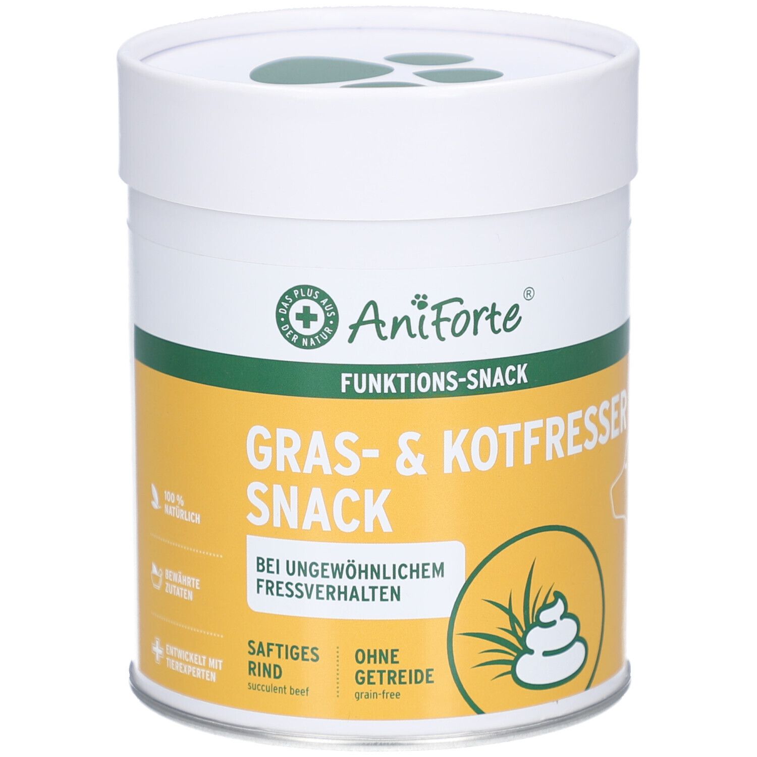 Weiß-gelbe Dose mit AniForte-Logo. Aufschrift: Funktions-Snack, Gras- & Kotfresser Snack. Ohne Getreide. Saftiges Rind.