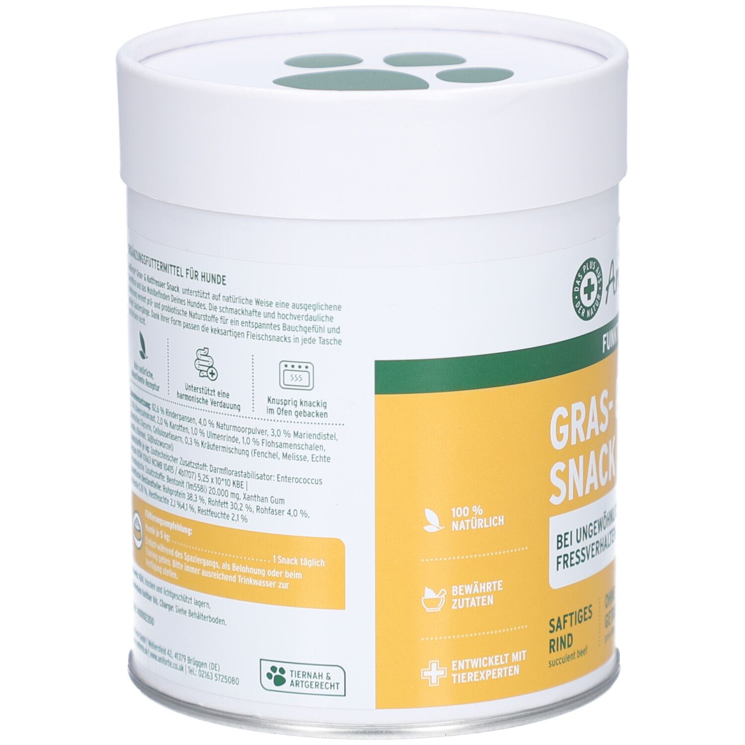 Dose mit Text. Zutatenliste, Fütterungsempfehlung, und weitere Informationen. Grün-gelbes Design. Text in Deutsch.