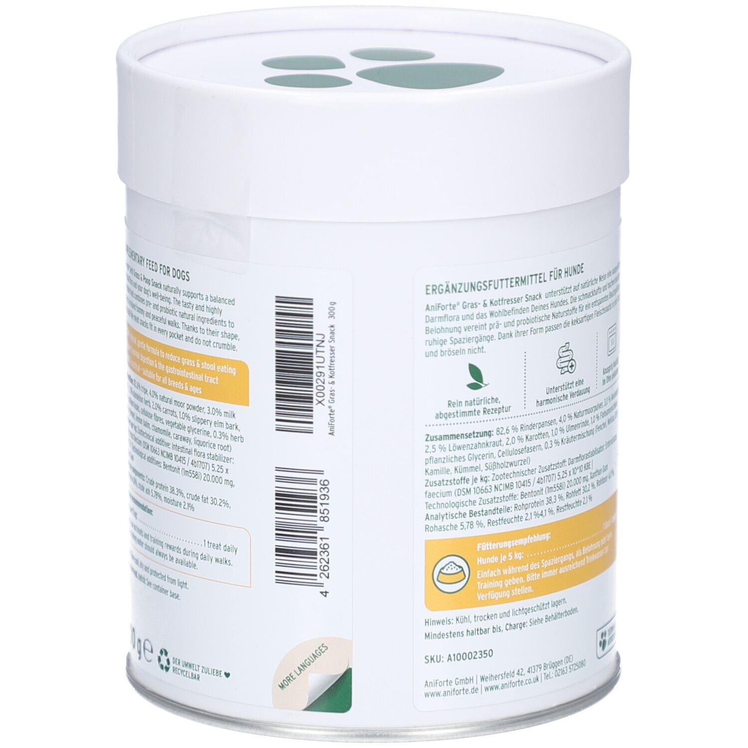 Dose mit Text. Zutatenliste, Fütterungsempfehlung, und weitere Informationen. Grün-gelbes Design. Text in Deutsch.