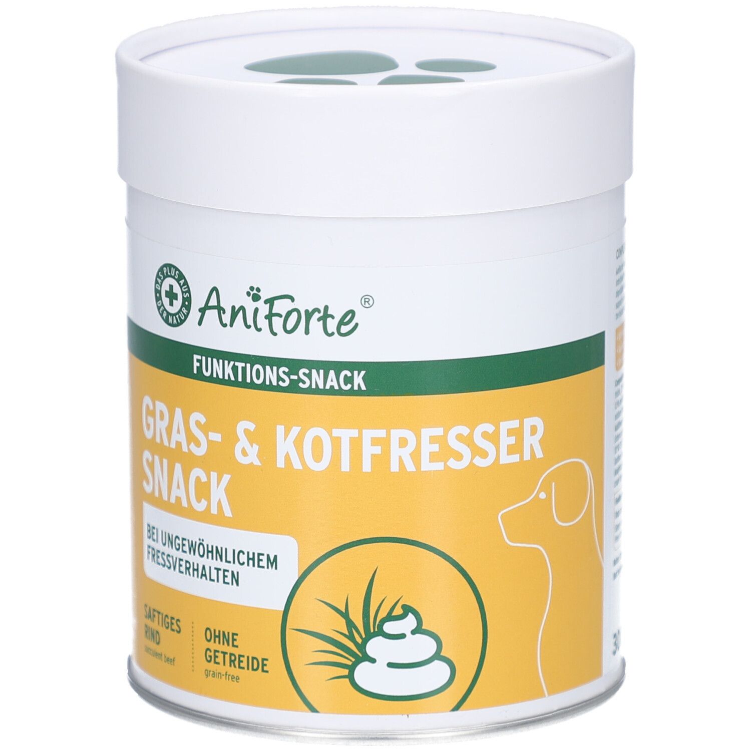 Weiß-gelbe Dose mit AniForte-Logo. Aufschrift: Funktions-Snack, Gras- & Kotfresser Snack. Ohne Getreide. Saftiges Rind.