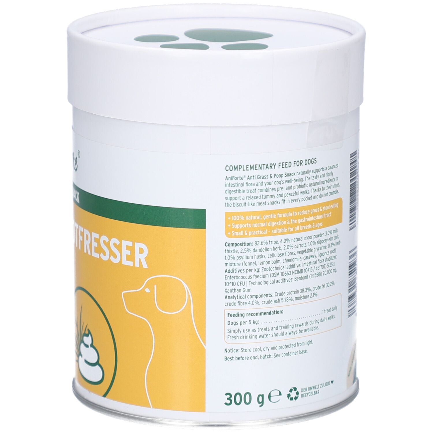 Dose mit Text. Zutatenliste, Fütterungsempfehlung, und weitere Informationen. Grün-gelbes Design. Text in Deutsch.