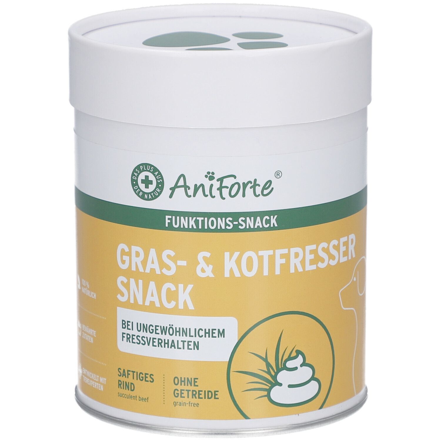 Weiß-gelbe Dose mit AniForte-Logo. Aufschrift: Funktions-Snack, Gras- & Kotfresser Snack. Ohne Getreide. Saftiges Rind.