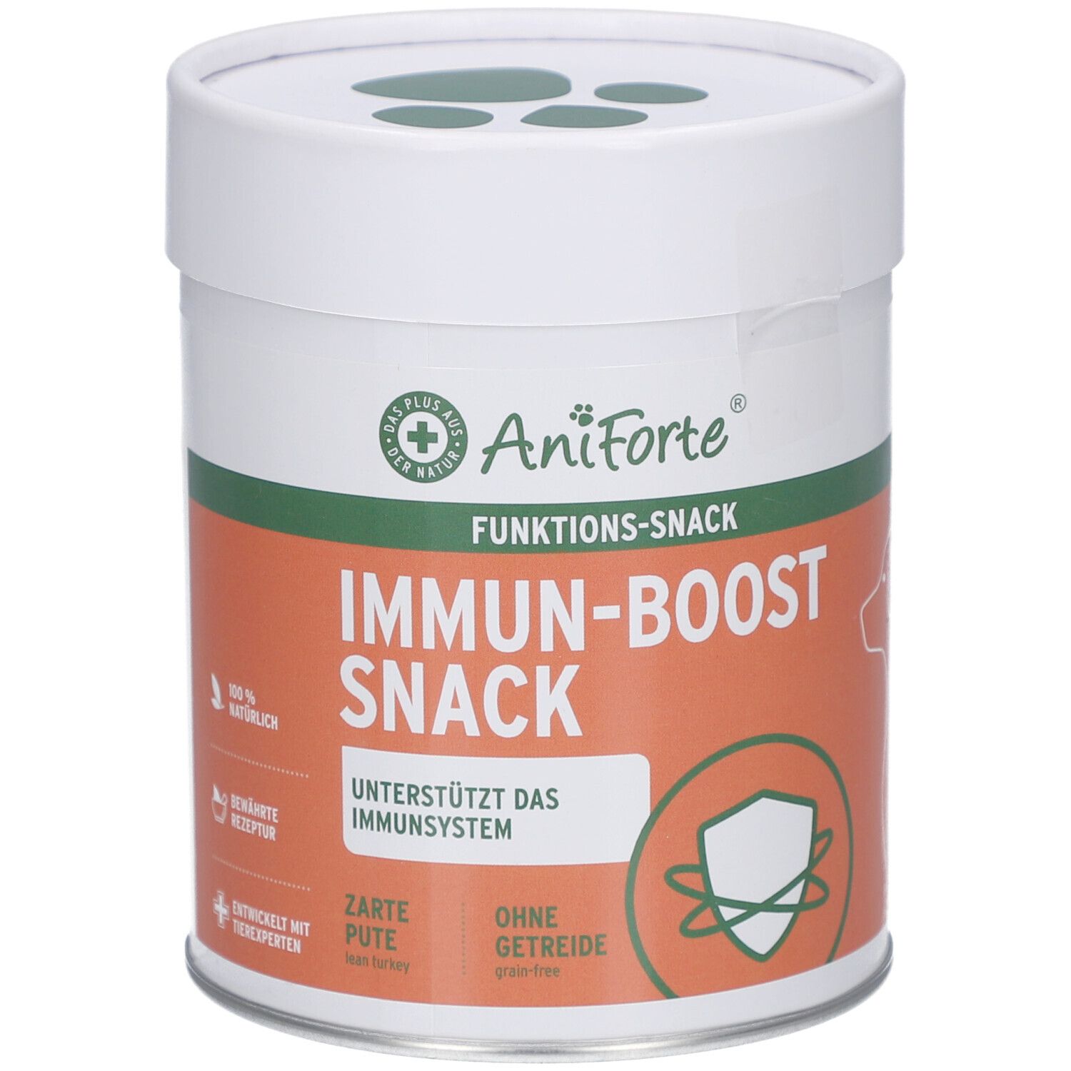 Zylindrische Dose mit Deckel. Aufschrift: AniForte, IMMUN-BOOST SNACK, unterstützt das Immunsystem. Grün-orangefarbenes Design.
