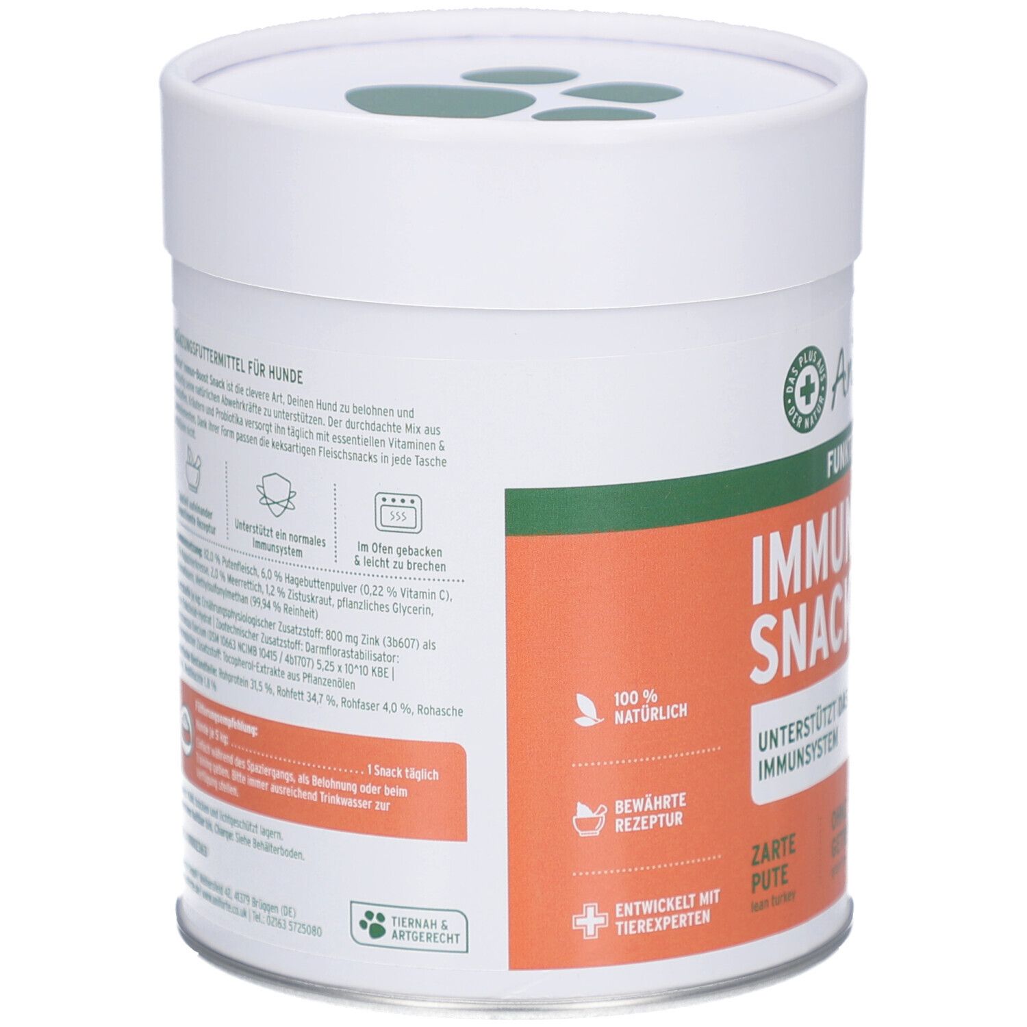 Zylindrische Dose, Rückseite. Text: Ergänzungsfuttermittel für Hunde. Inhaltsstoffe, Fütterungsempfehlung, Herstellerinformationen. Weiß, grün, orange.