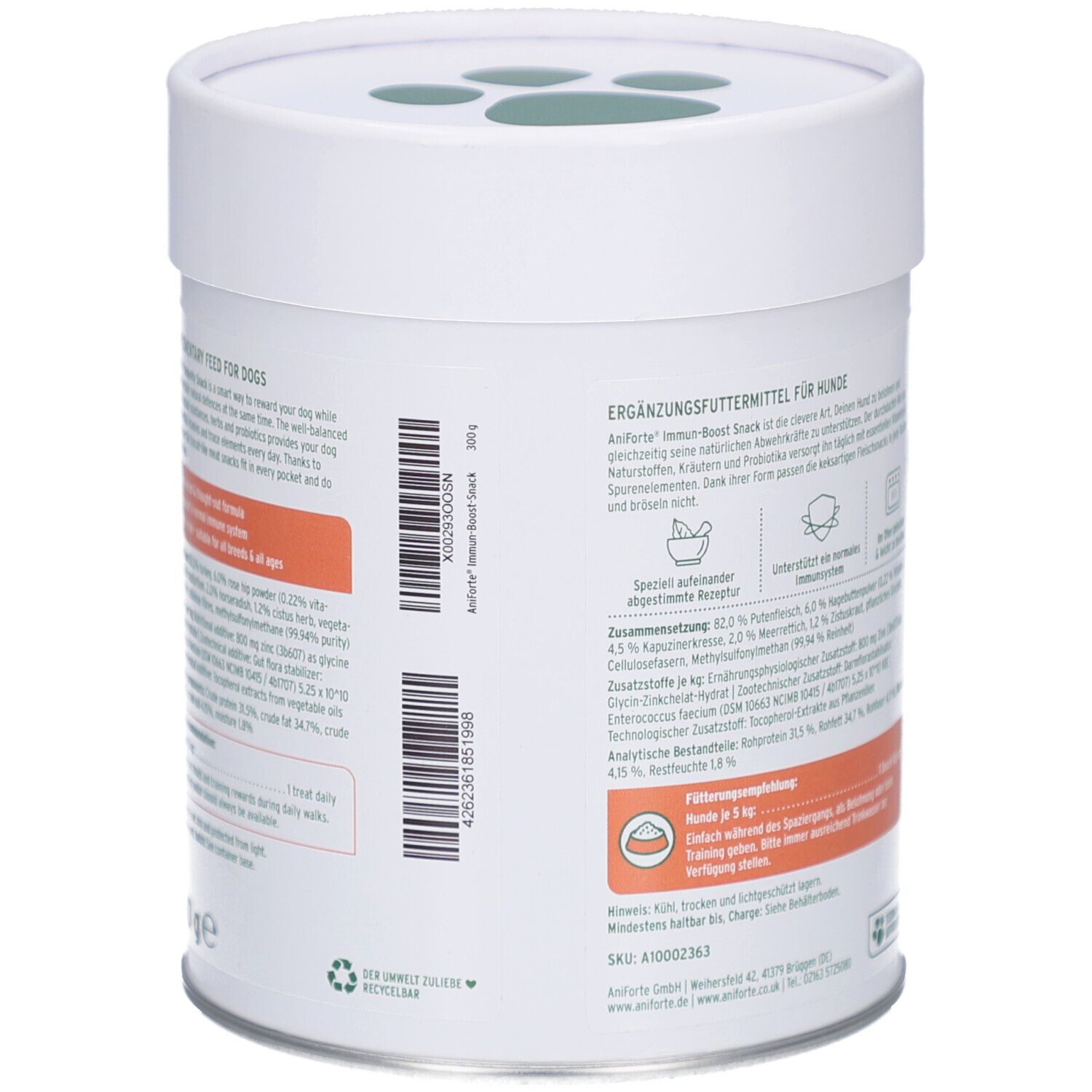 Zylindrische Dose, Rückseite. Text: Ergänzungsfuttermittel für Hunde. Inhaltsstoffe, Fütterungsempfehlung, Herstellerinformationen. Weiß, grün, orange.