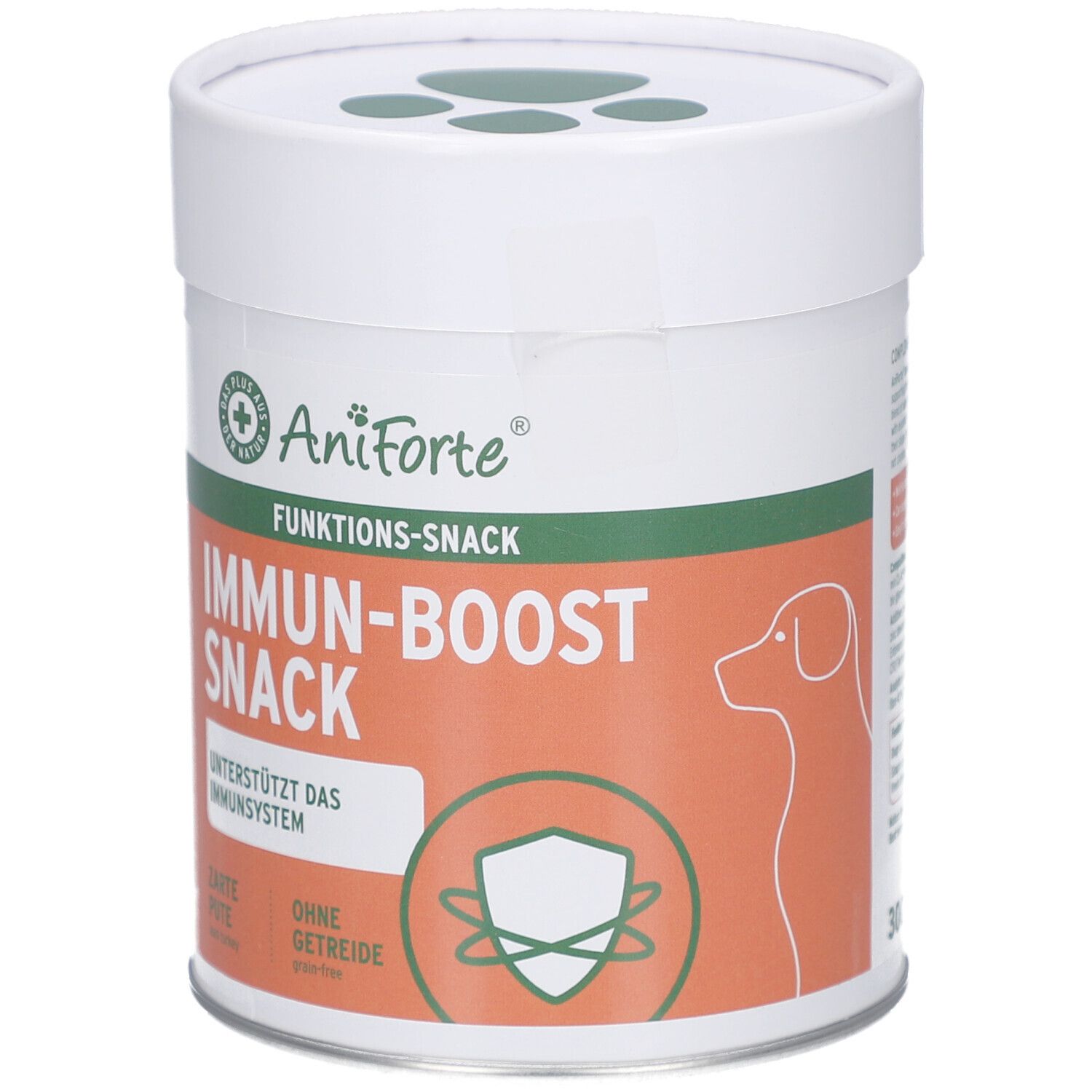 Zylindrische Dose mit Deckel. Aufschrift: AniForte, IMMUN-BOOST SNACK, unterstützt das Immunsystem. Grün-orangefarbenes Design, Hundesilhouette.