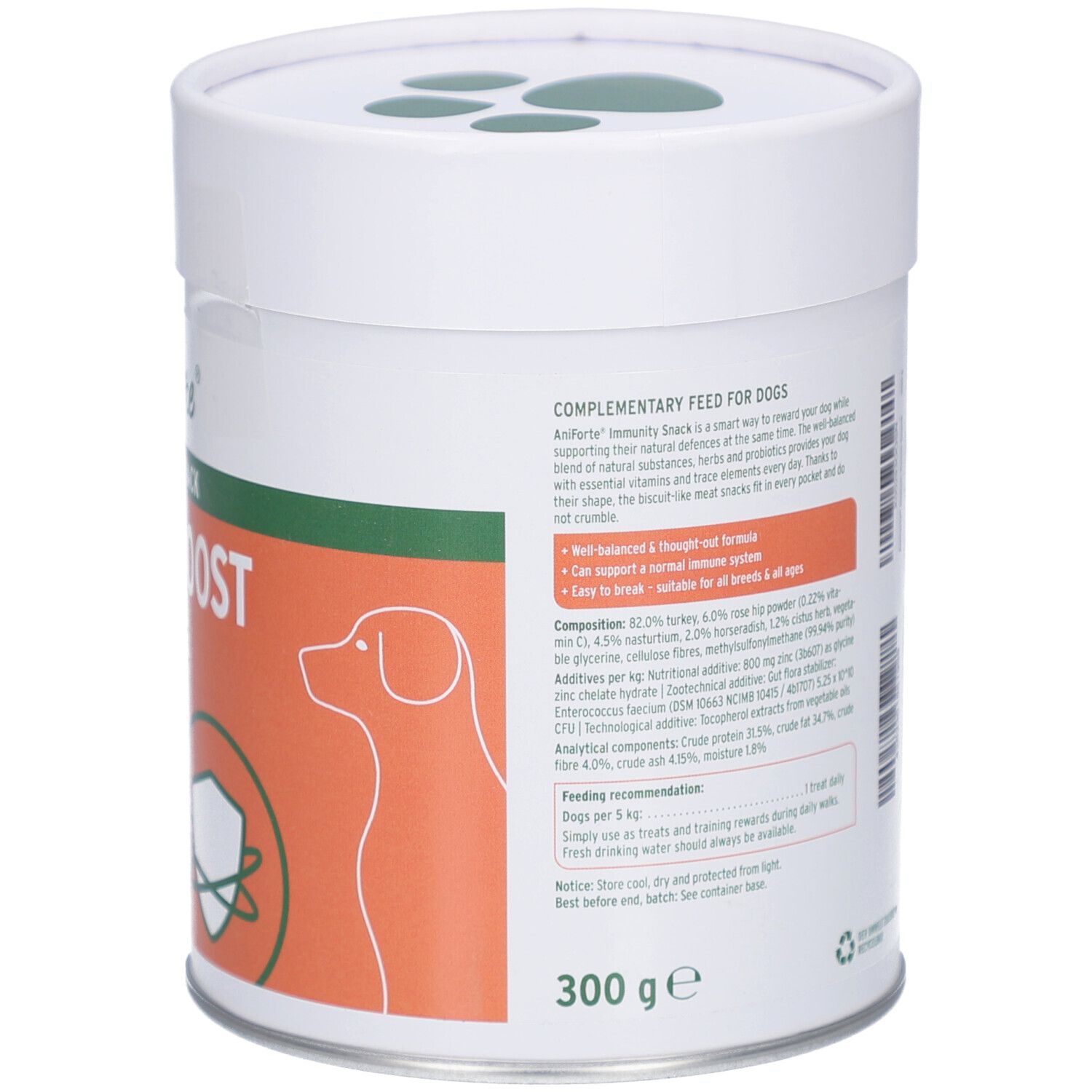 Zylindrische Dose, Rückseite. Text: Ergänzungsfuttermittel für Hunde. Inhaltsstoffe, Fütterungsempfehlung, Herstellerinformationen. 300g.