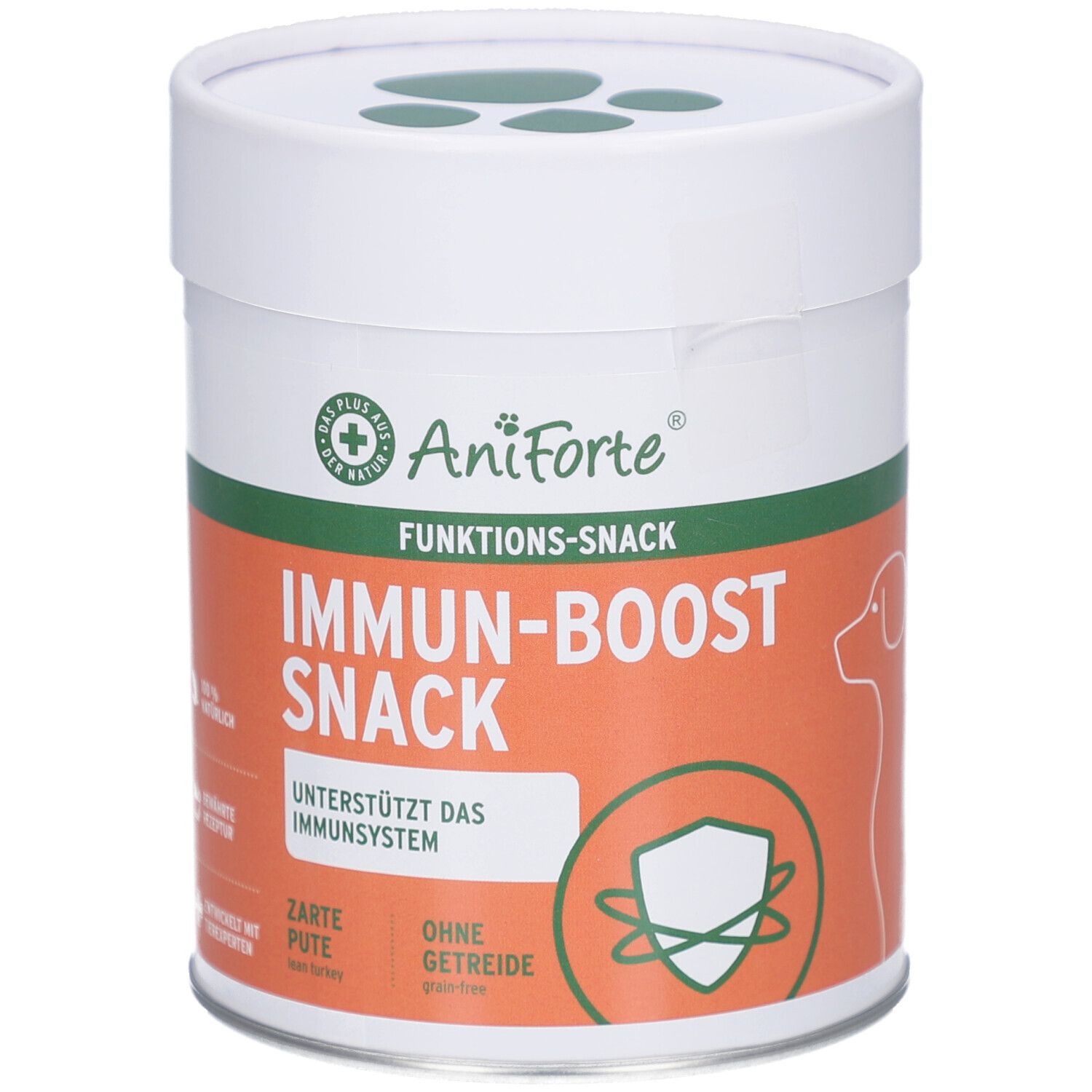 Zylindrische Dose mit Deckel. Aufschrift: AniForte, IMMUN-BOOST SNACK, unterstützt das Immunsystem. Grün-orangefarbenes Design.