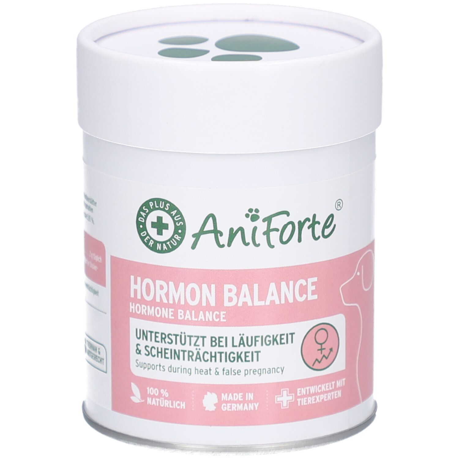 Weiße Dose mit AniForte Hormon Balance. Rosa Etikett mit Produktinformationen und Logo. Deckel mit Pfotenabdruck.