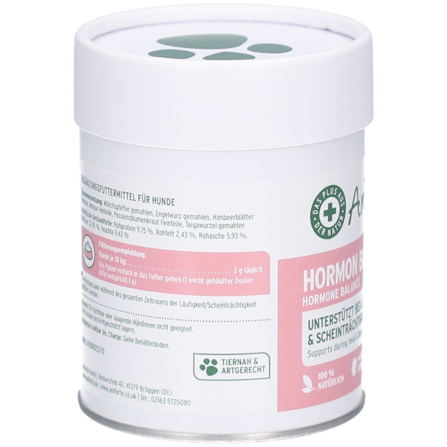 Weiße Dose, Rückseite mit Produktinformationen. Text in Deutsch. Logo und Pfotenabdruck.