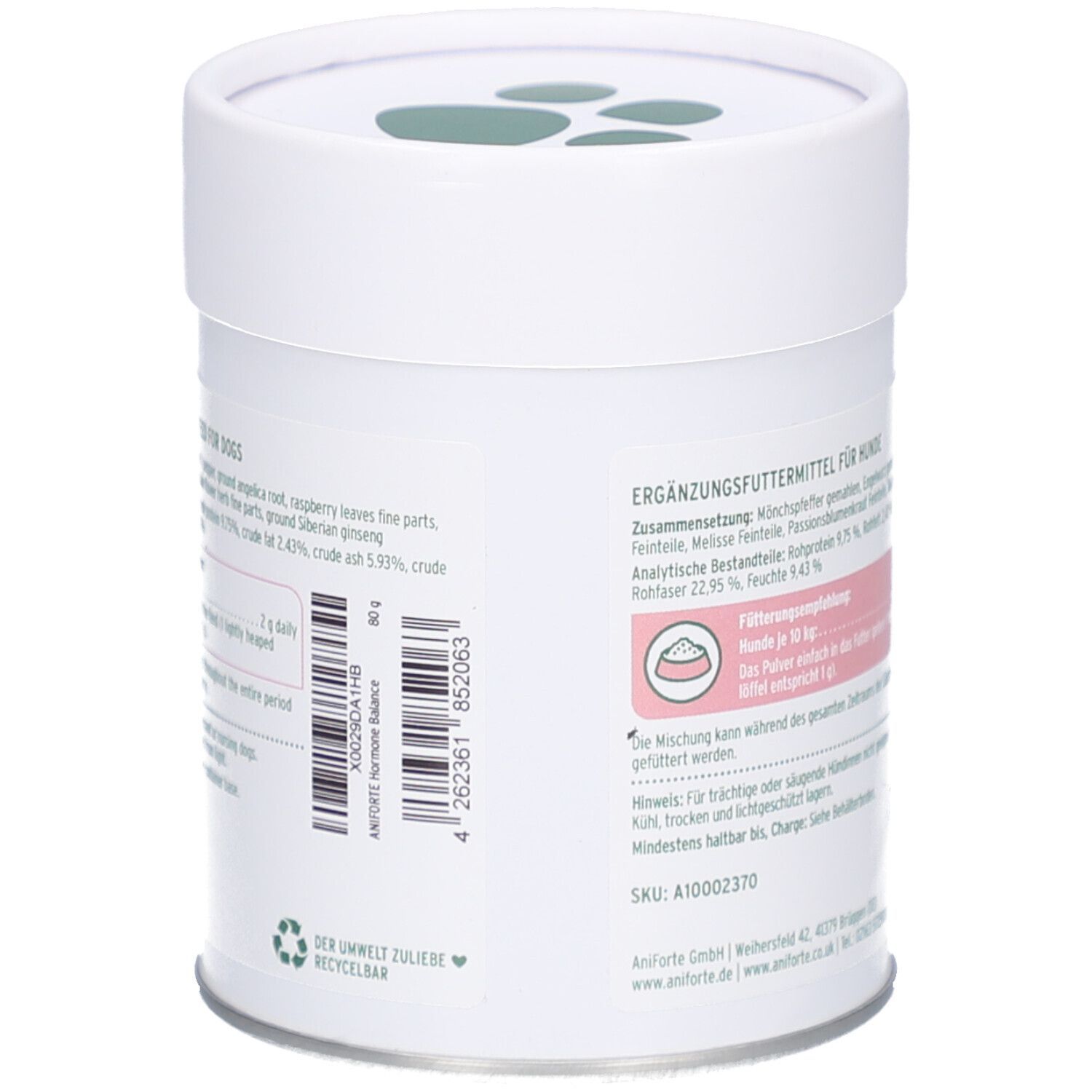 Weiße Dose, Rückseite mit Produktinformationen und Barcode. Text in Deutsch. Recycling-Symbol.