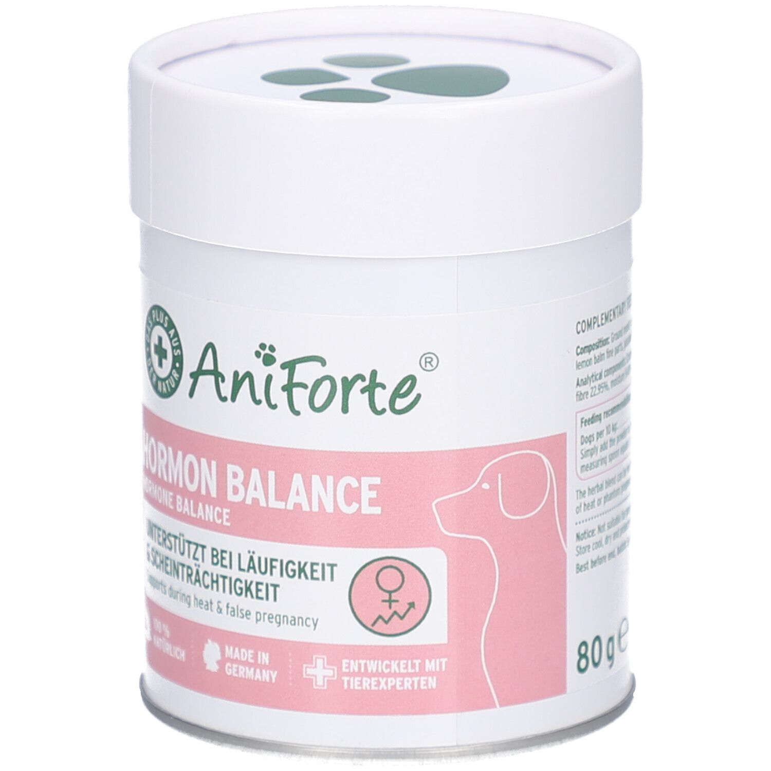 Weiße Dose mit AniForte Hormon Balance. Rosa Etikett, Logo und Produktinformationen. 80g.