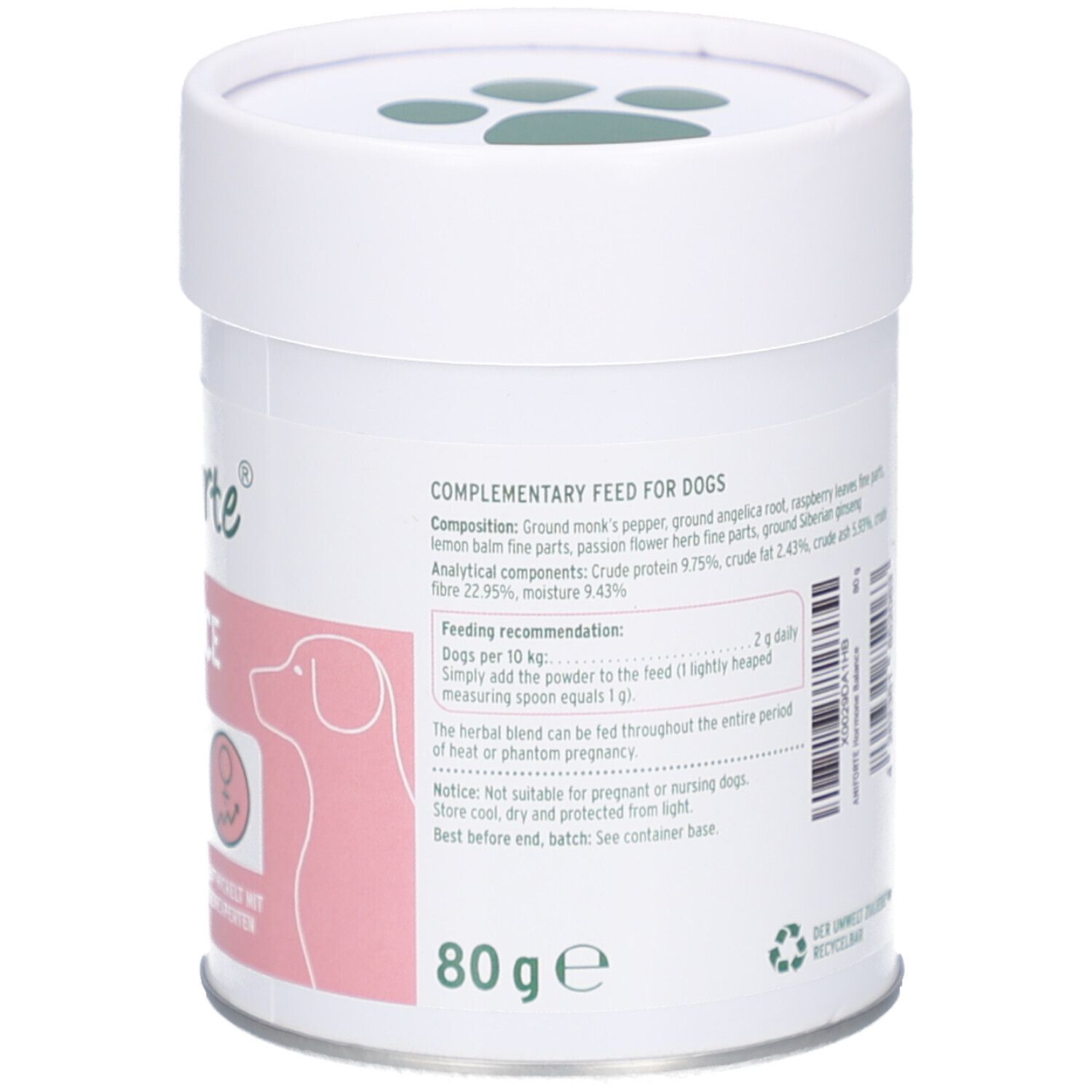 Weiße Dose, Rückseite mit Produktinformationen. Text in Deutsch. 80g. Recycling-Symbol.