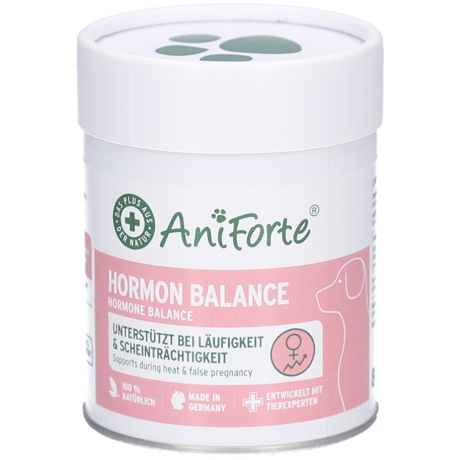 Weiße Dose mit AniForte Hormon Balance. Rosa Etikett mit Produktinformationen und Logo. Deckel mit Pfotenabdruck.