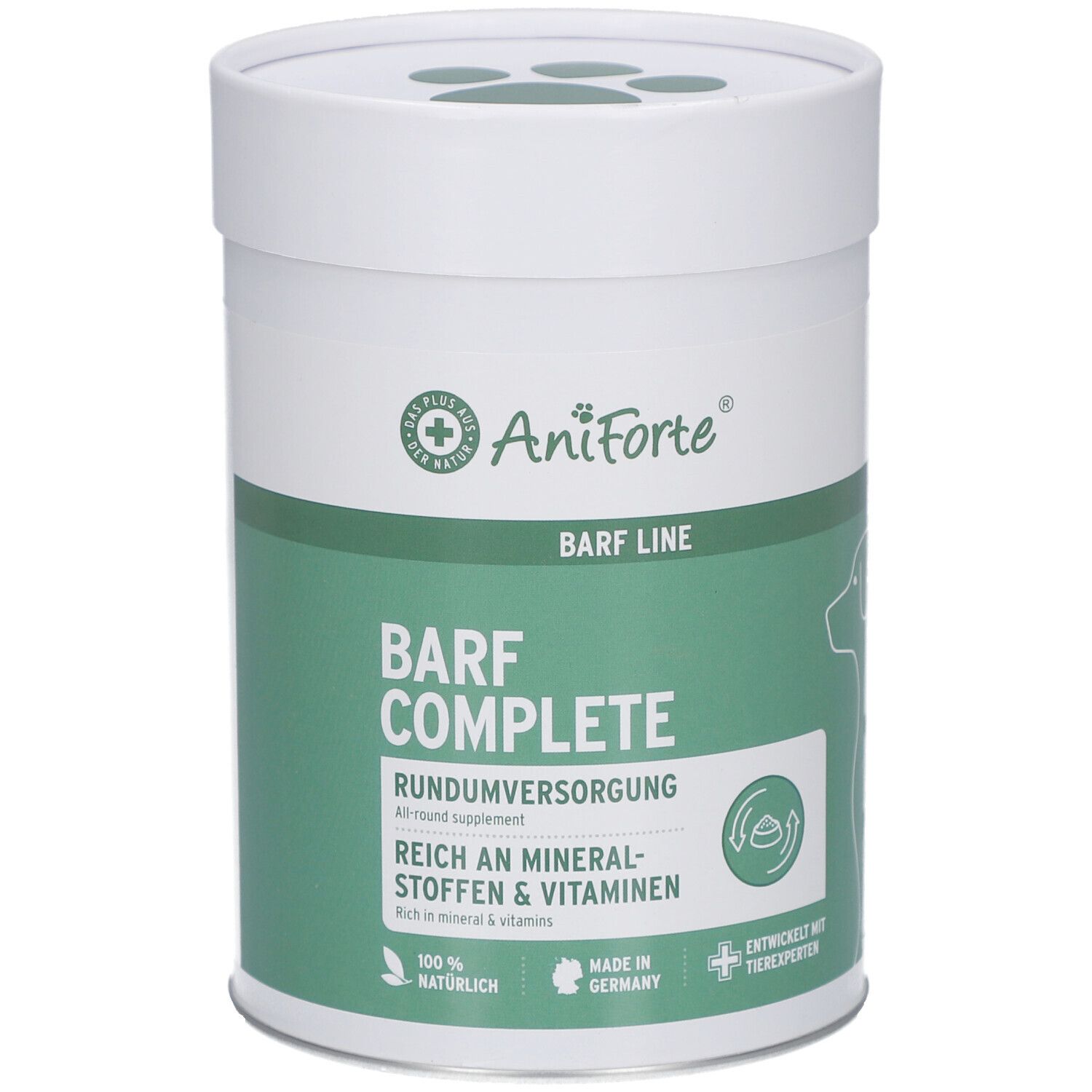 Boîte blanche et verte avec couvercle. Inscription AniForte, BARF COMPLETE, riche en minéraux et vitamines. Silhouette de chien.