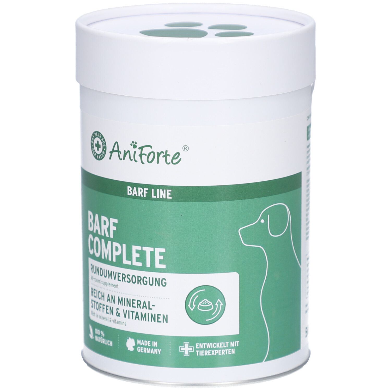 Boîte blanche et verte avec couvercle. Inscription AniForte, BARF COMPLETE, riche en minéraux et vitamines. Silhouette de chien.