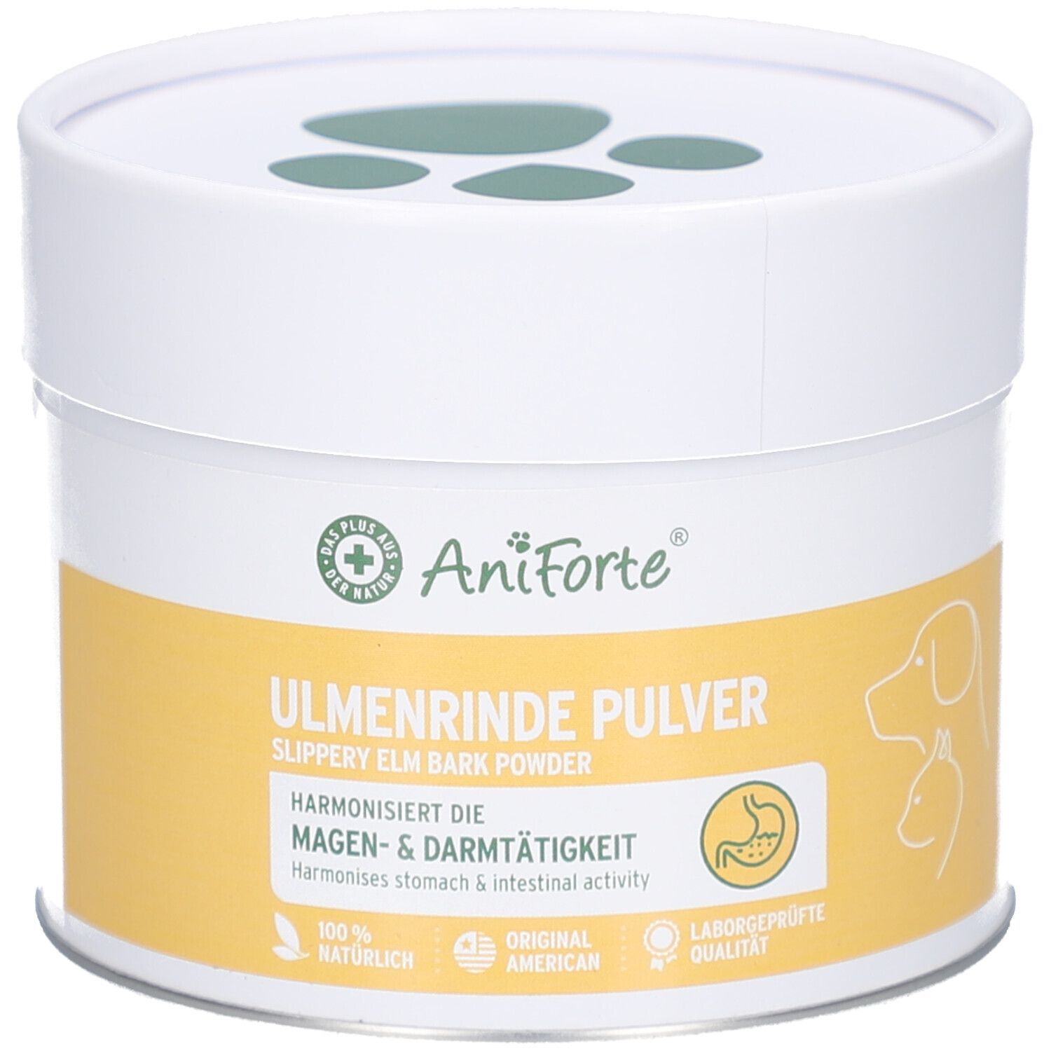Boîte blanche et jaune AniForte Ulmenrinde Pulver. Texte: Harmonise l'activité gastro-intestinale. Logo de pattes.