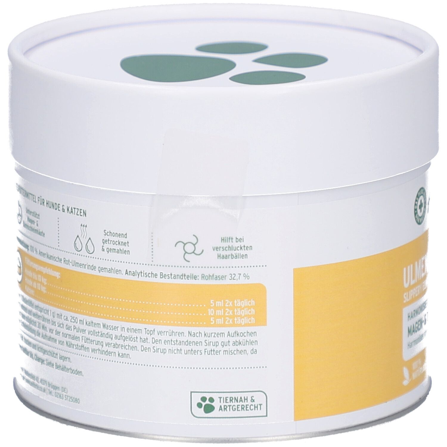 Dos de la boîte avec texte et informations. Contient des instructions d'alimentation et des ingrédients. Avec sceaux.