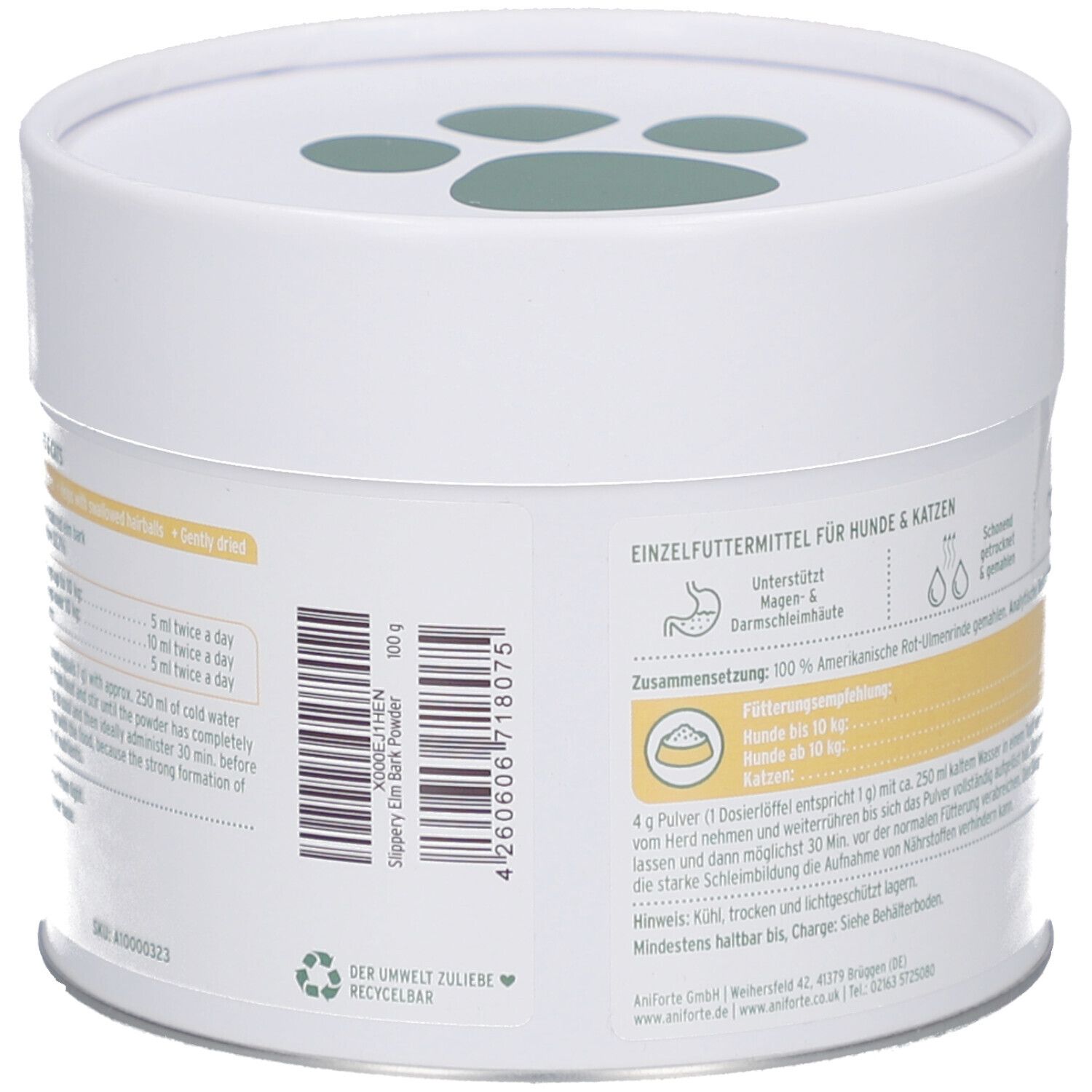 Boîte avec texte et informations. Contient des instructions d'alimentation et des ingrédients. Avec code-barres.