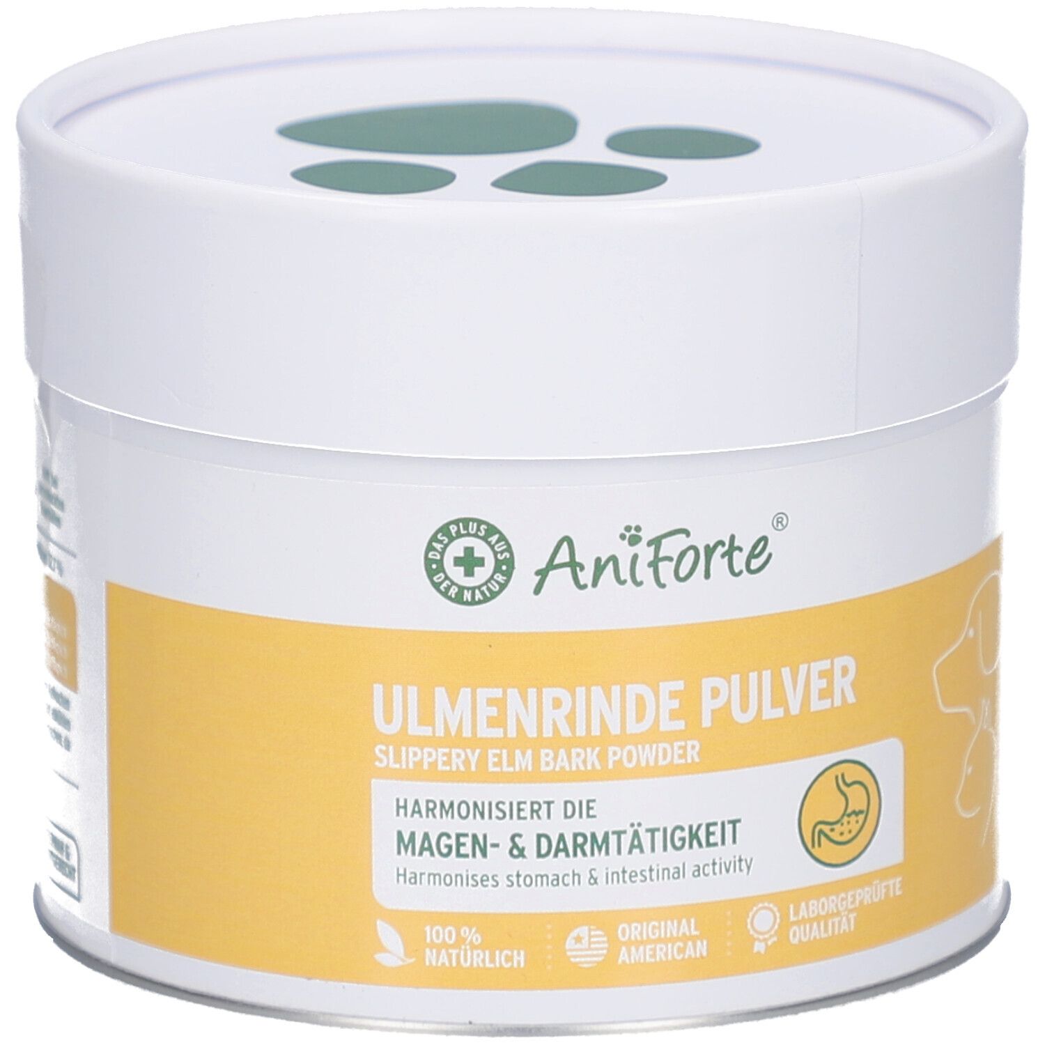Boîte blanche et jaune AniForte Ulmenrinde Pulver. Texte: Harmonise l'activité gastro-intestinale. Logo de pattes.