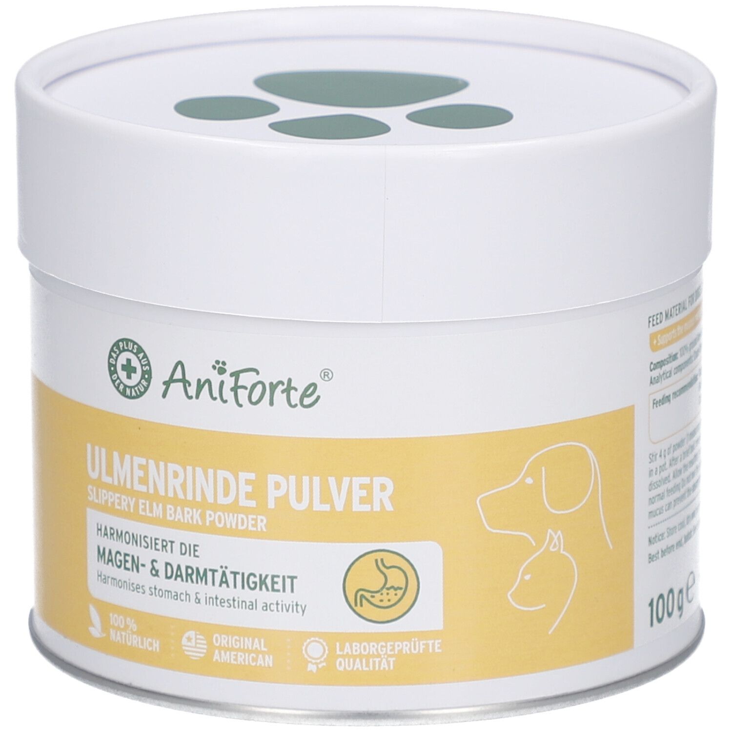 Boîte blanche et jaune AniForte Ulmenrinde Pulver. Texte: Harmonise l'activité gastro-intestinale. Logo de pattes.
