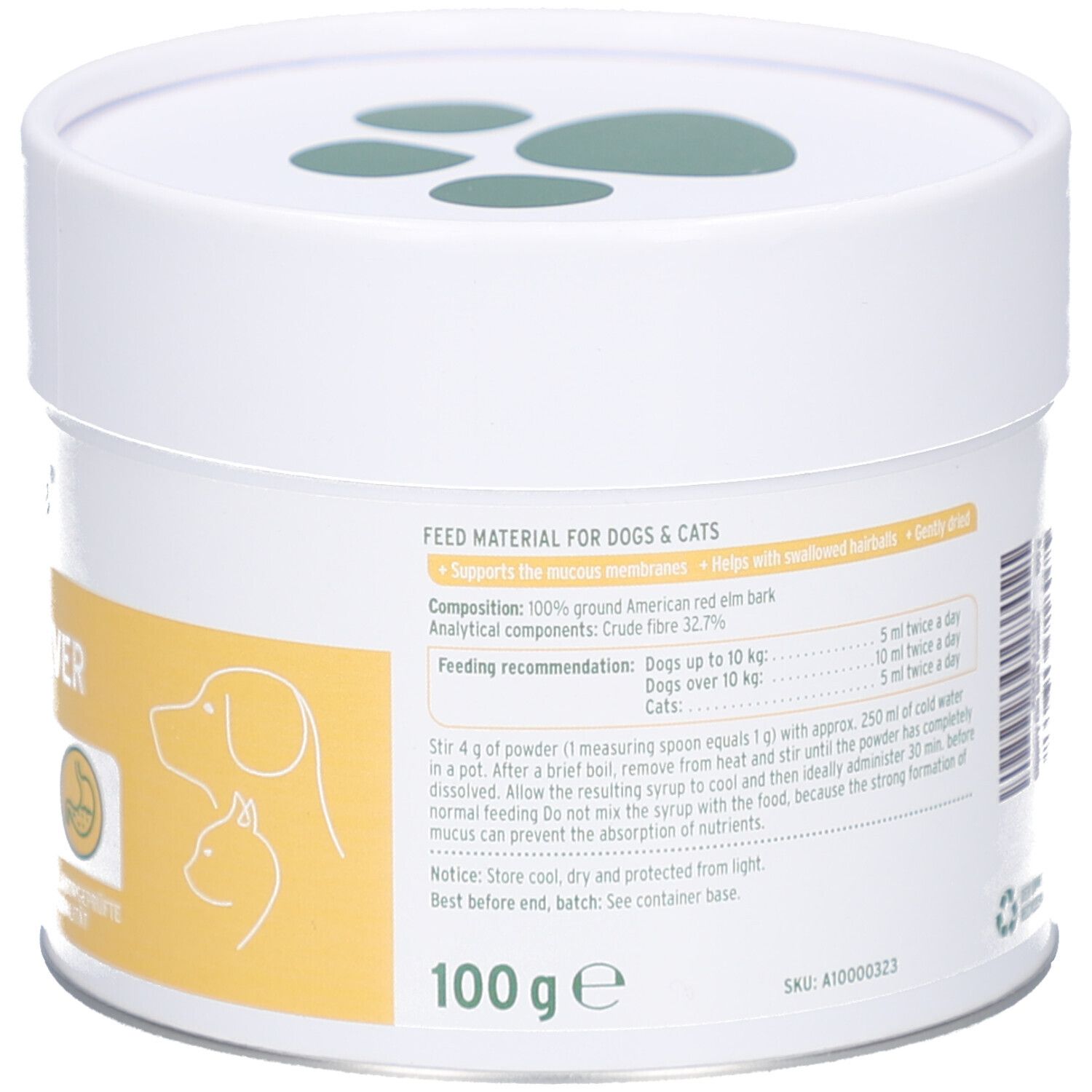 Dos de la boîte avec texte et informations. Contient des instructions d'alimentation et des ingrédients. 100g.