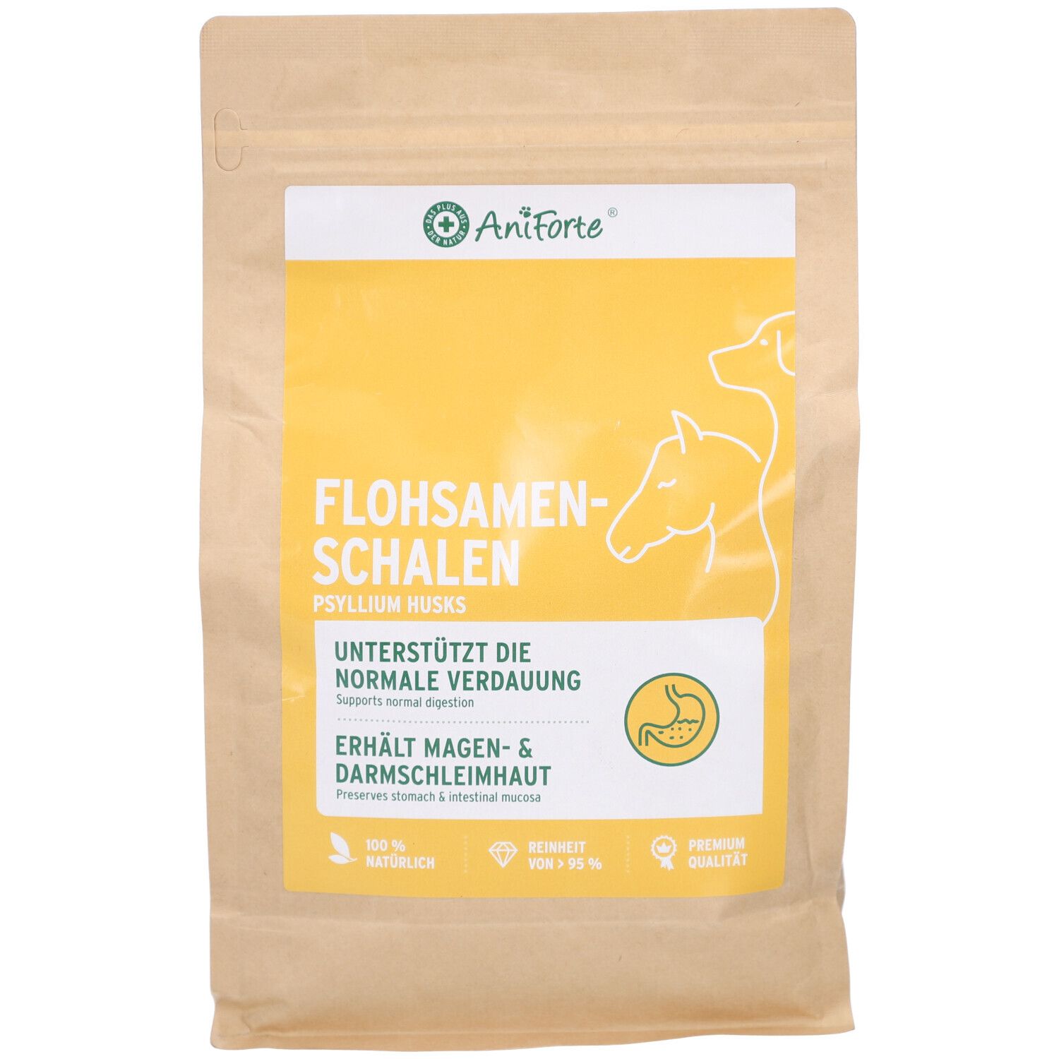 Sachet de Flohsamenschalen AniForte. Sachet en papier brun avec étiquette jaune. Texte : Flohsamenschalen, soutient la digestion normale.