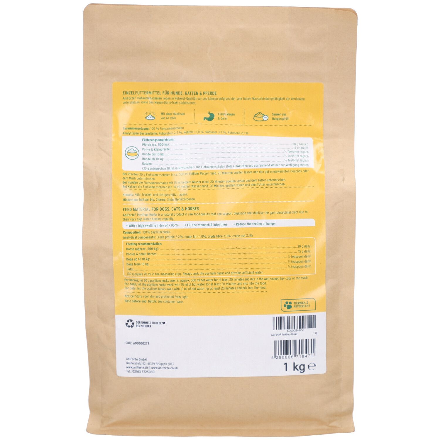 Dos du sachet de Flohsamenschalen AniForte. Sachet en papier brun avec fond jaune. Texte et informations nutritionnelles.
