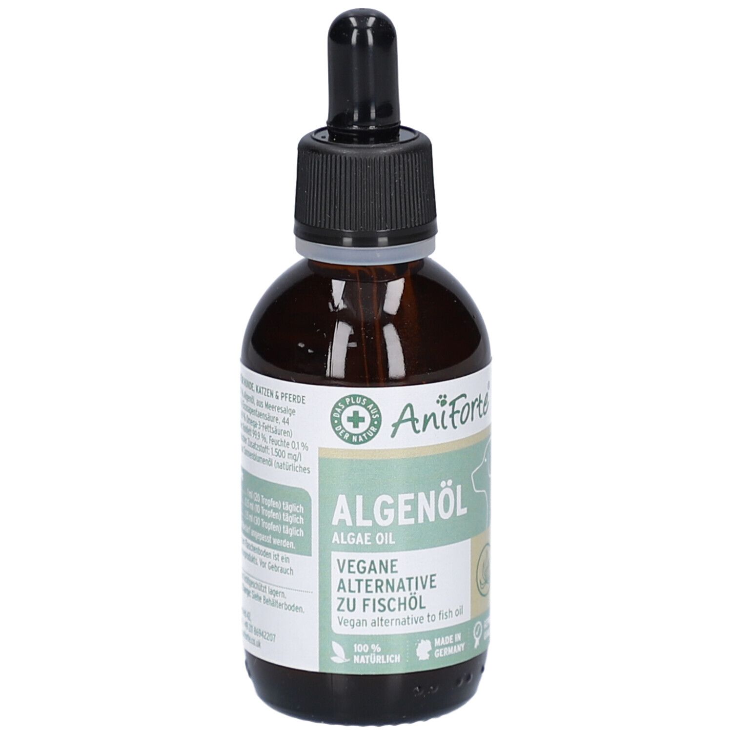Braune Glasflasche mit schwarzem Deckel und Pipette. Aufschrift: Algenöl, vegane Alternative zu Fischöl. Marke AniForte.