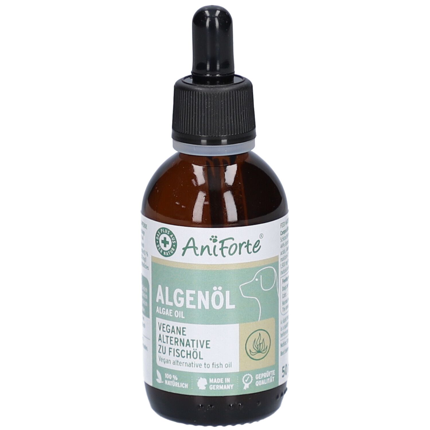 Braune Glasflasche mit schwarzem Deckel und Pipette. Aufschrift: Algenöl, vegane Alternative zu Fischöl. Marke AniForte.