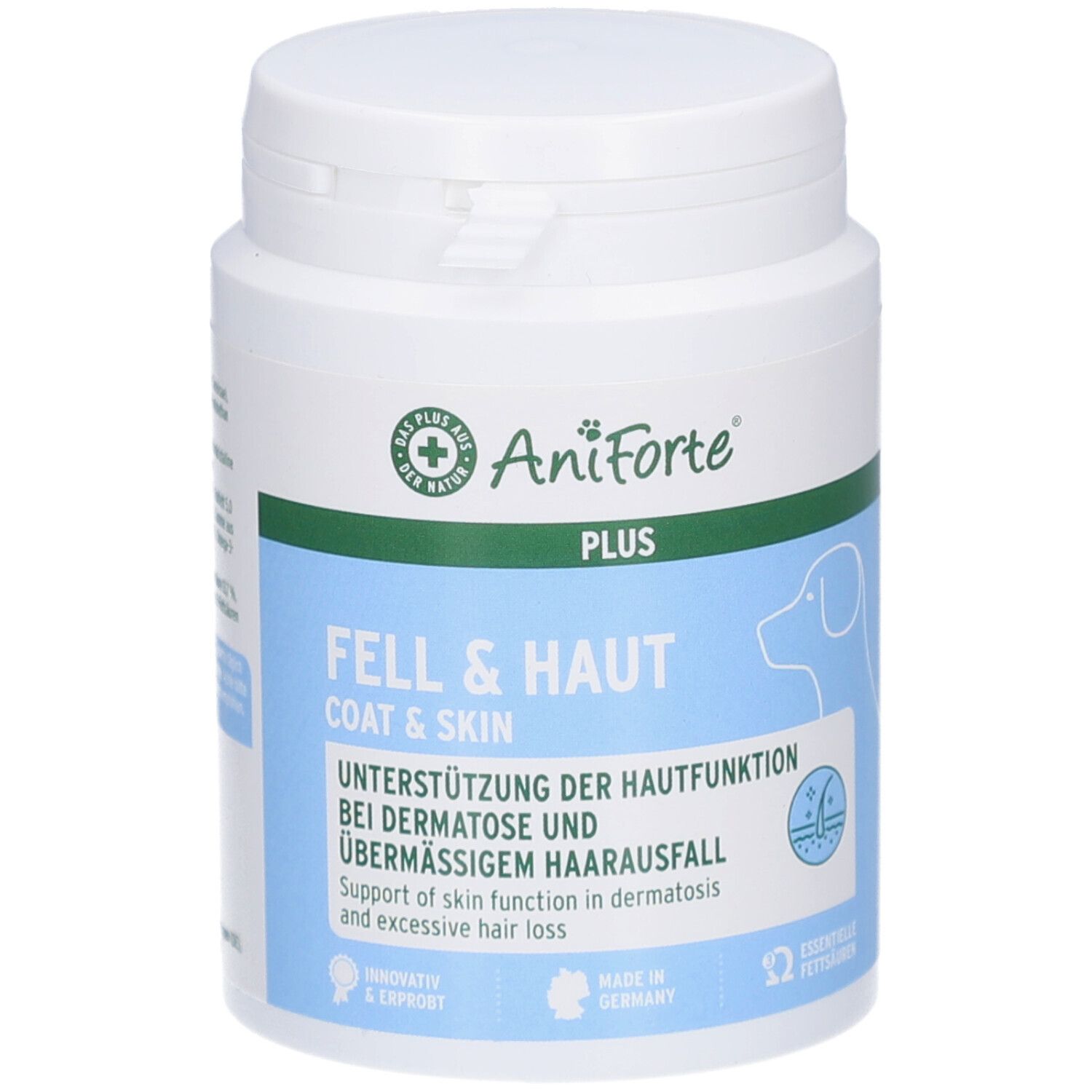 Weiße Dose mit Deckel. Blaue und grüne Etiketten mit Produktinformationen und Logo. Text: Fell & Haut, AniForte.