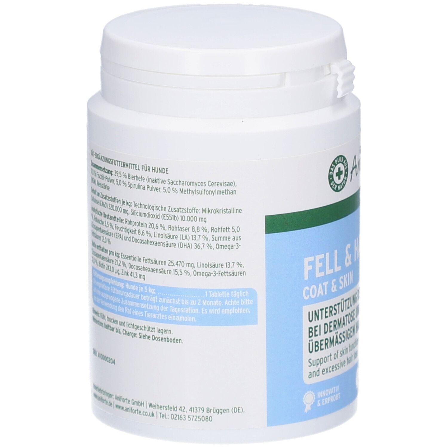 Weiße Dose, Rückseite. Text mit Inhaltsstoffen und Nährwertangaben. Logo AniForte. Text: Fell & Haut.