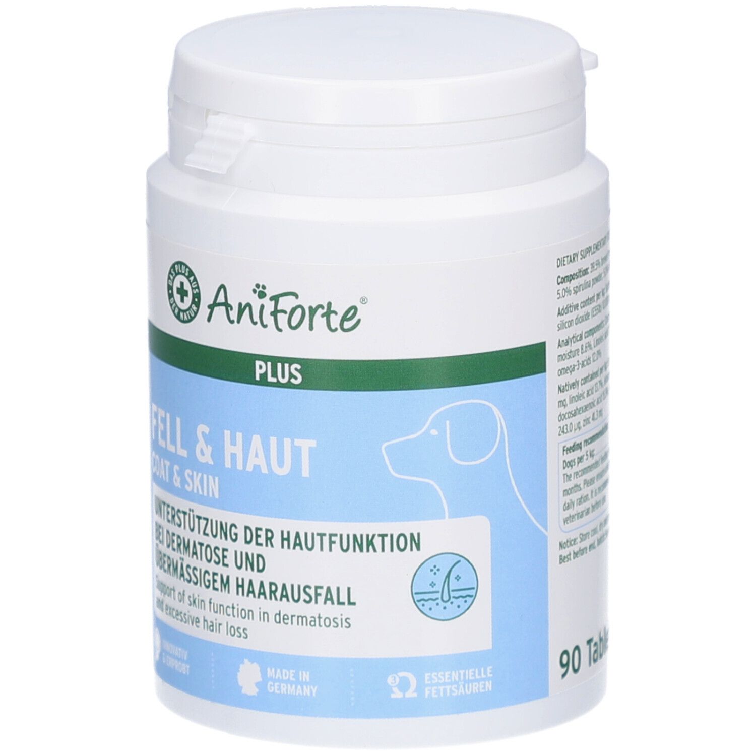 Weiße Dose mit Deckel. Blaue und grüne Etiketten mit Produktinformationen und Logo. Text: Fell & Haut, AniForte. 90 Tabletten.