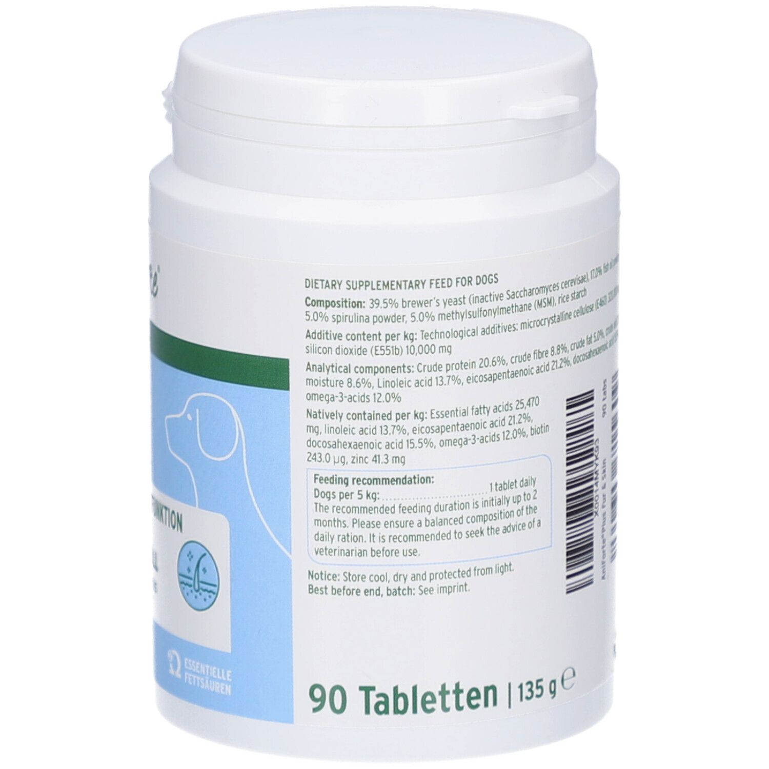 Weiße Dose, Rückseite. Text mit Inhaltsstoffen und Nährwertangaben. Text: 90 Tabletten, 135 g. Fütterungsempfehlung.