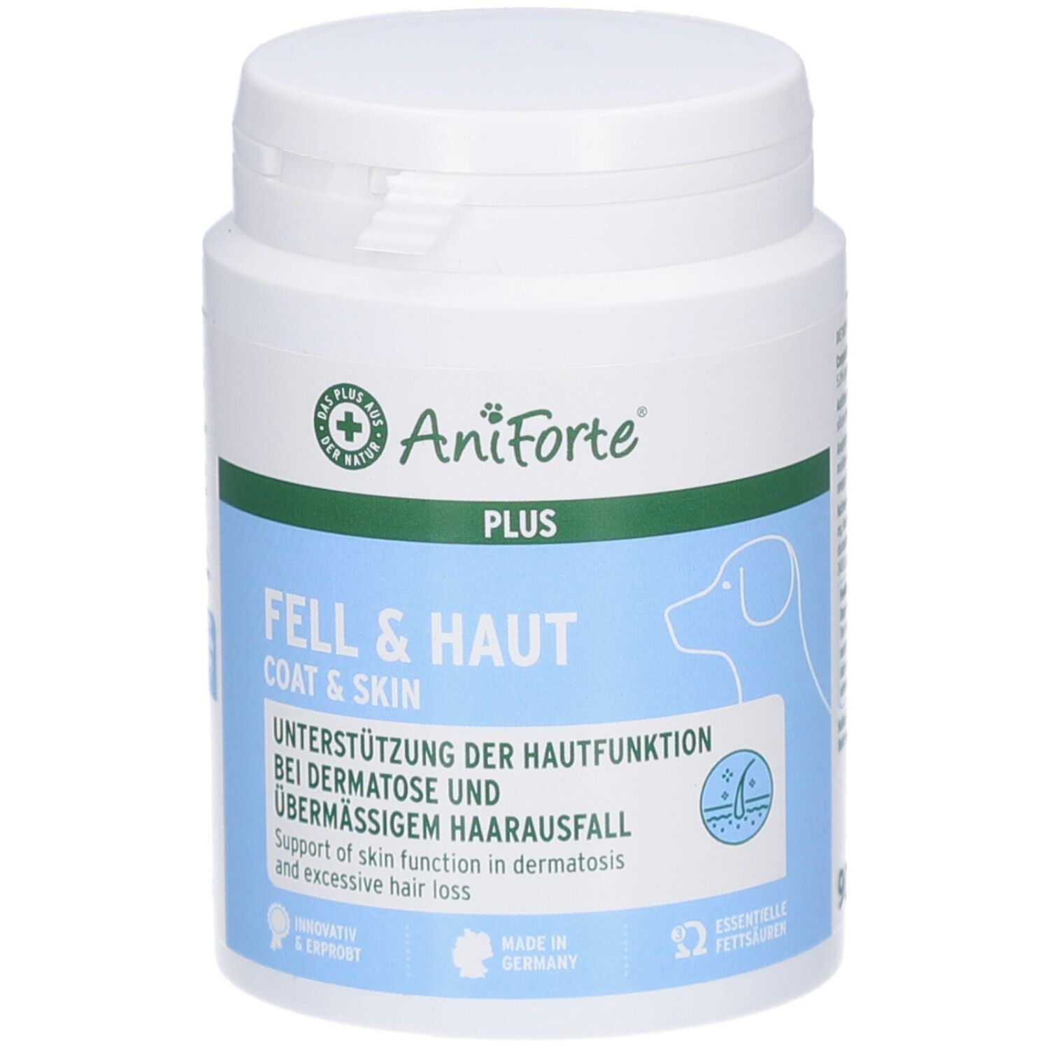 Weiße Dose mit Deckel. Blaue und grüne Etiketten mit Produktinformationen und Logo. Text: Fell & Haut, AniForte.