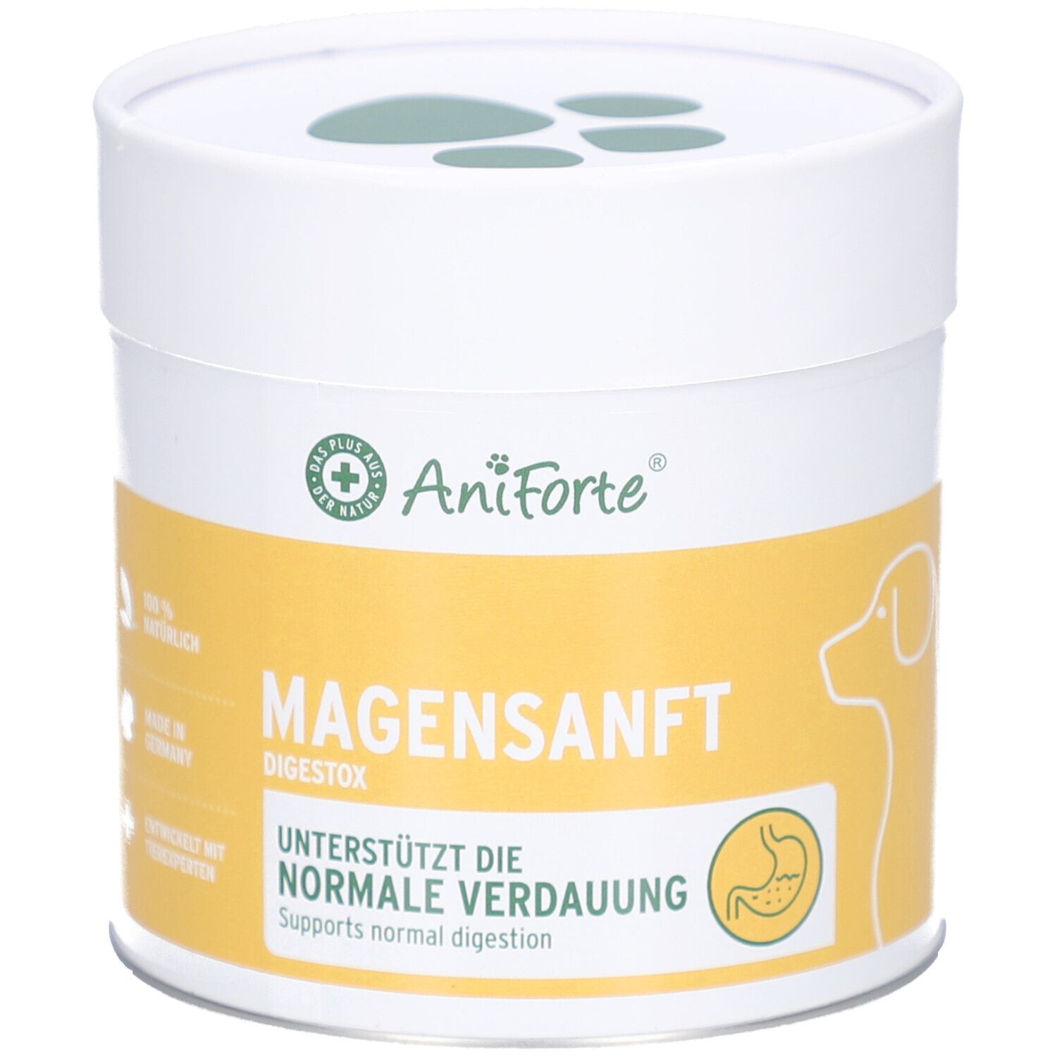 Boîte blanche et jaune avec couvercle. Inscription : AniForte, MAGENSANFT DIGESTOX, favorise une digestion normale. Silhouette de chien.