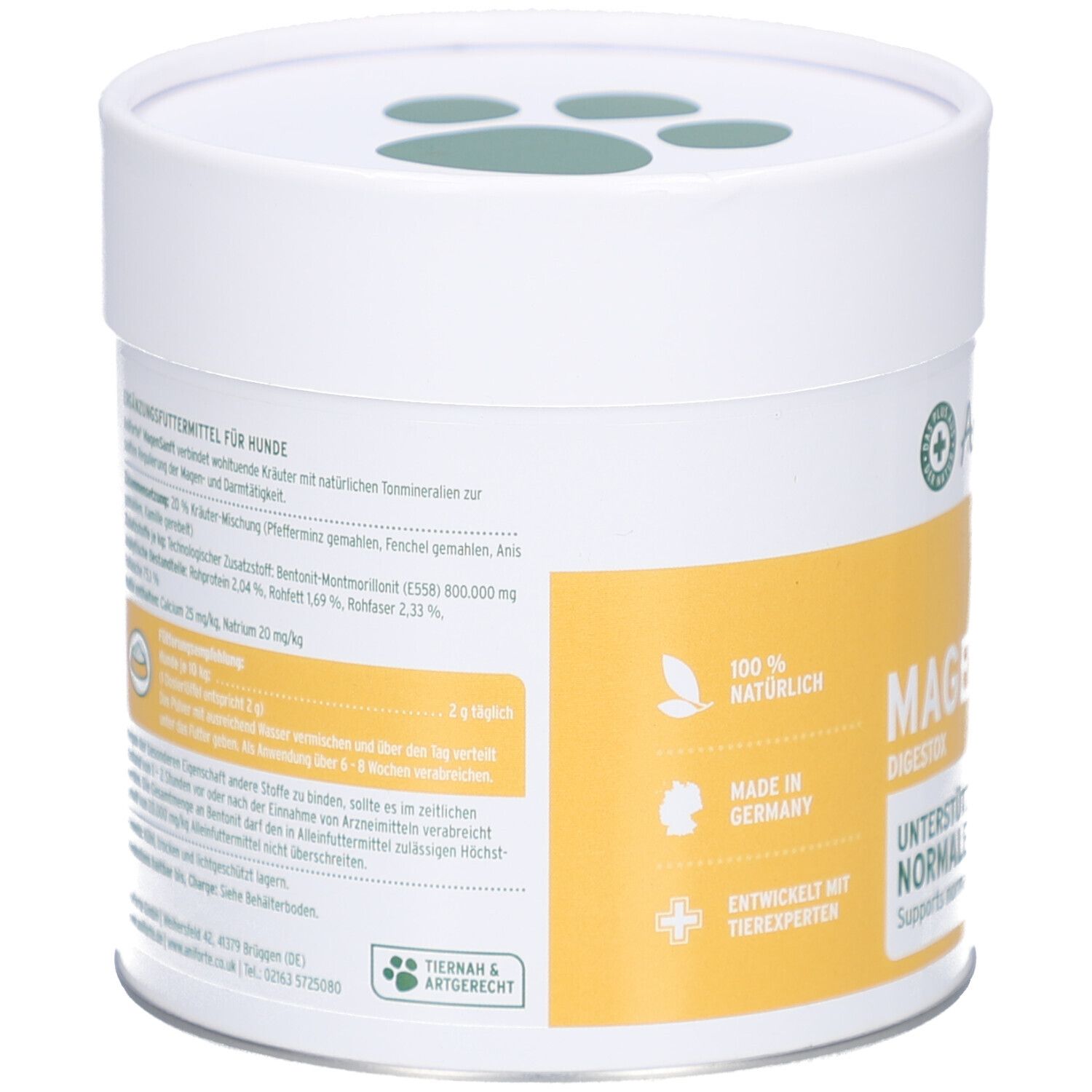 Dos de la boîte. Zone jaune avec texte et ingrédients. Inscription : 100% naturel, Fabriqué en Allemagne, développé avec des experts animaliers.