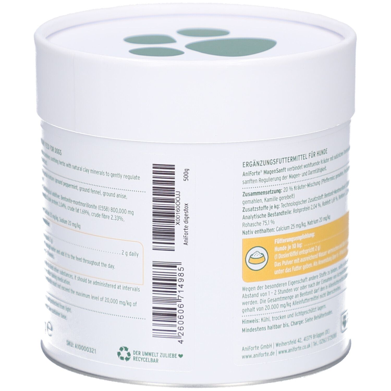 Dos de la boîte. Texte avec ingrédients et code-barres. Inscription : AniForte MagenSanft Digestox. 500g.