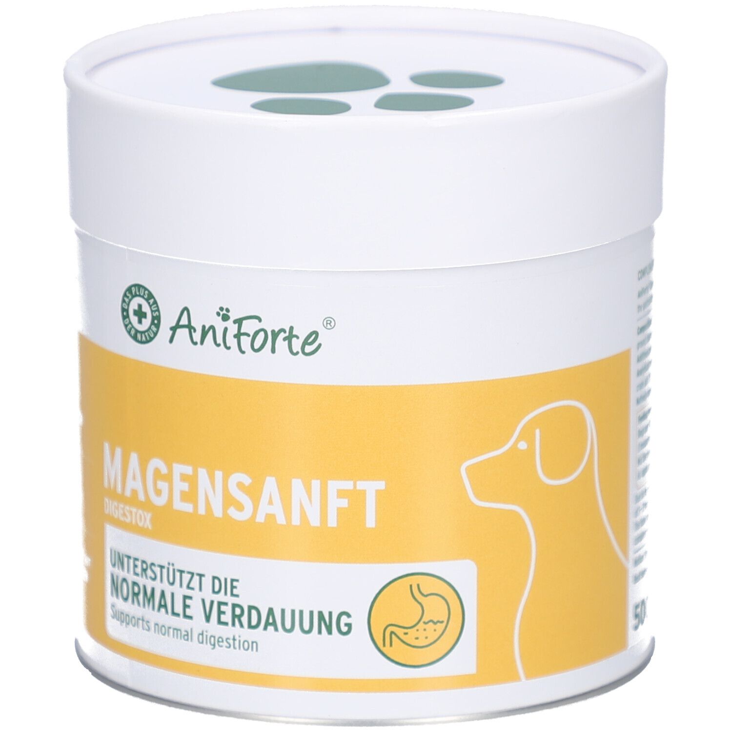 Boîte blanche et jaune avec couvercle. Inscription : AniForte, MAGENSANFT DIGESTOX, favorise une digestion normale. Silhouette de chien.