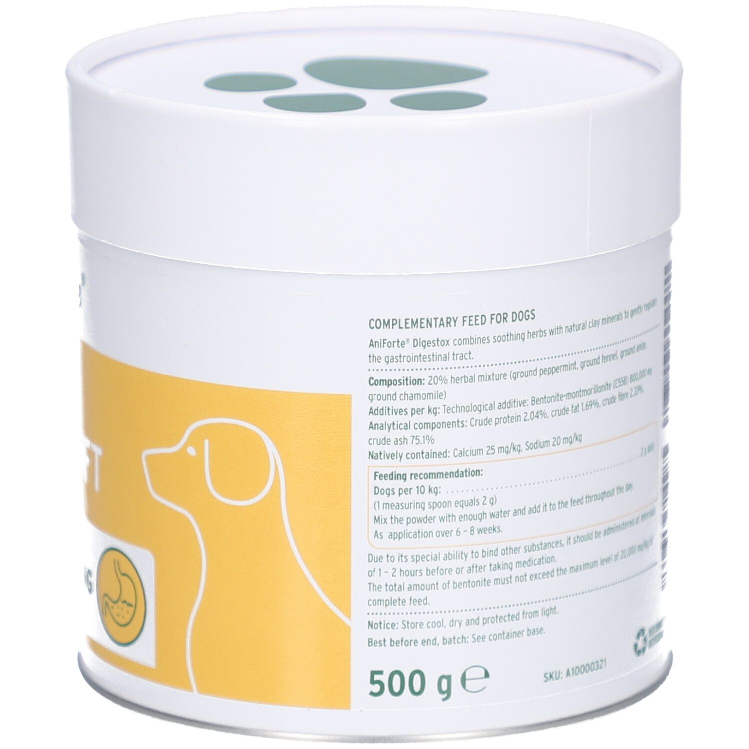 Dos de la boîte. Texte avec ingrédients et recommandations d'alimentation. Inscription : AniForte MagenSanft Digestox. 500 g.