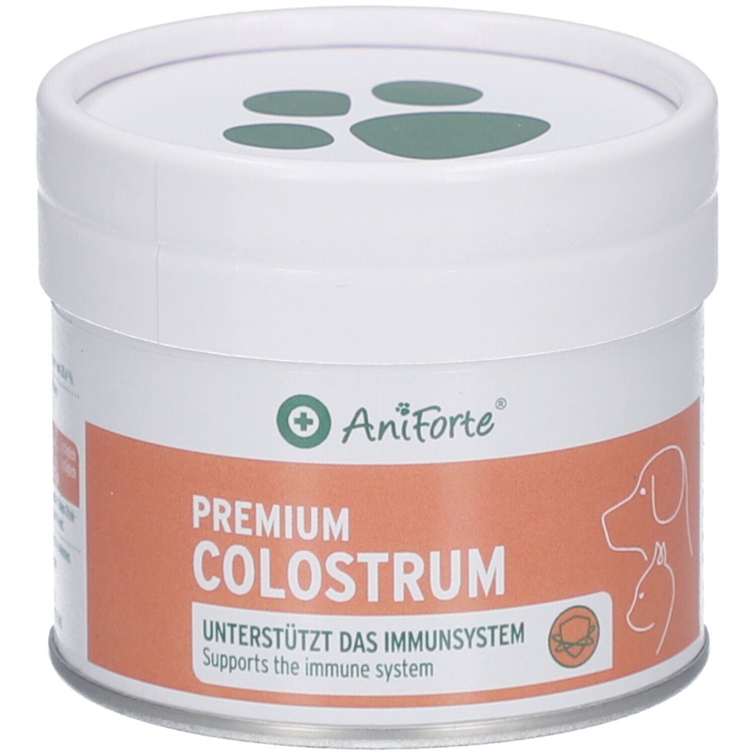 Weiße Dose mit Deckel. Aufschrift: AniForte, Premium Colostrum, unterstützt das Immunsystem. Logo mit Hund und Katze.