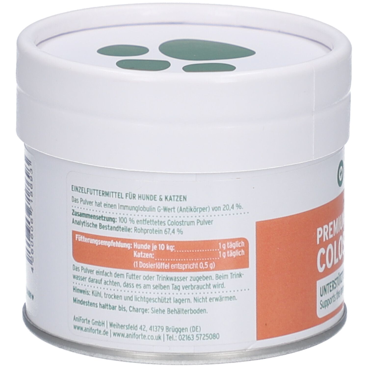 Weiße Dose, Rückseite mit Text. Einzel-Futtermittel für Hunde & Katzen. Zusammensetzung, Fütterungsempfehlung, Hinweise.