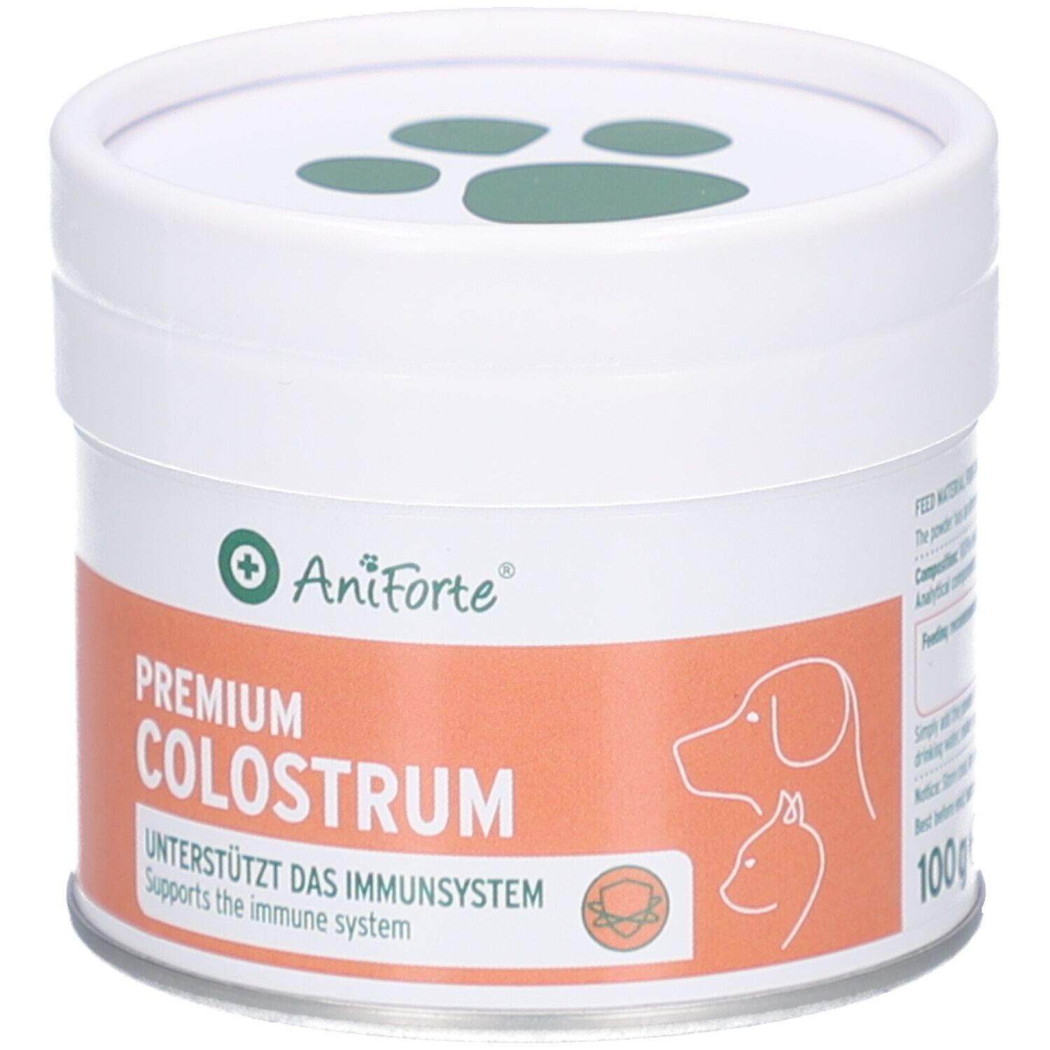 Weiße Dose mit Deckel. Aufschrift: AniForte, Premium Colostrum, unterstützt das Immunsystem. Logo mit Hund und Katze. 100g.
