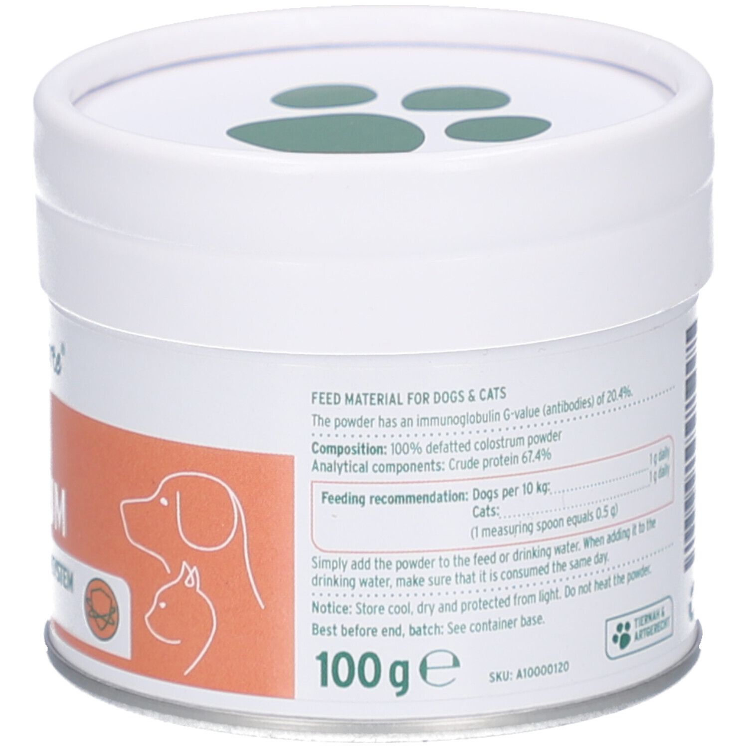 Weiße Dose, Rückseite mit Text. Futter für Hunde & Katzen. Zusammensetzung, Fütterungsempfehlung, Hinweise. 100g.